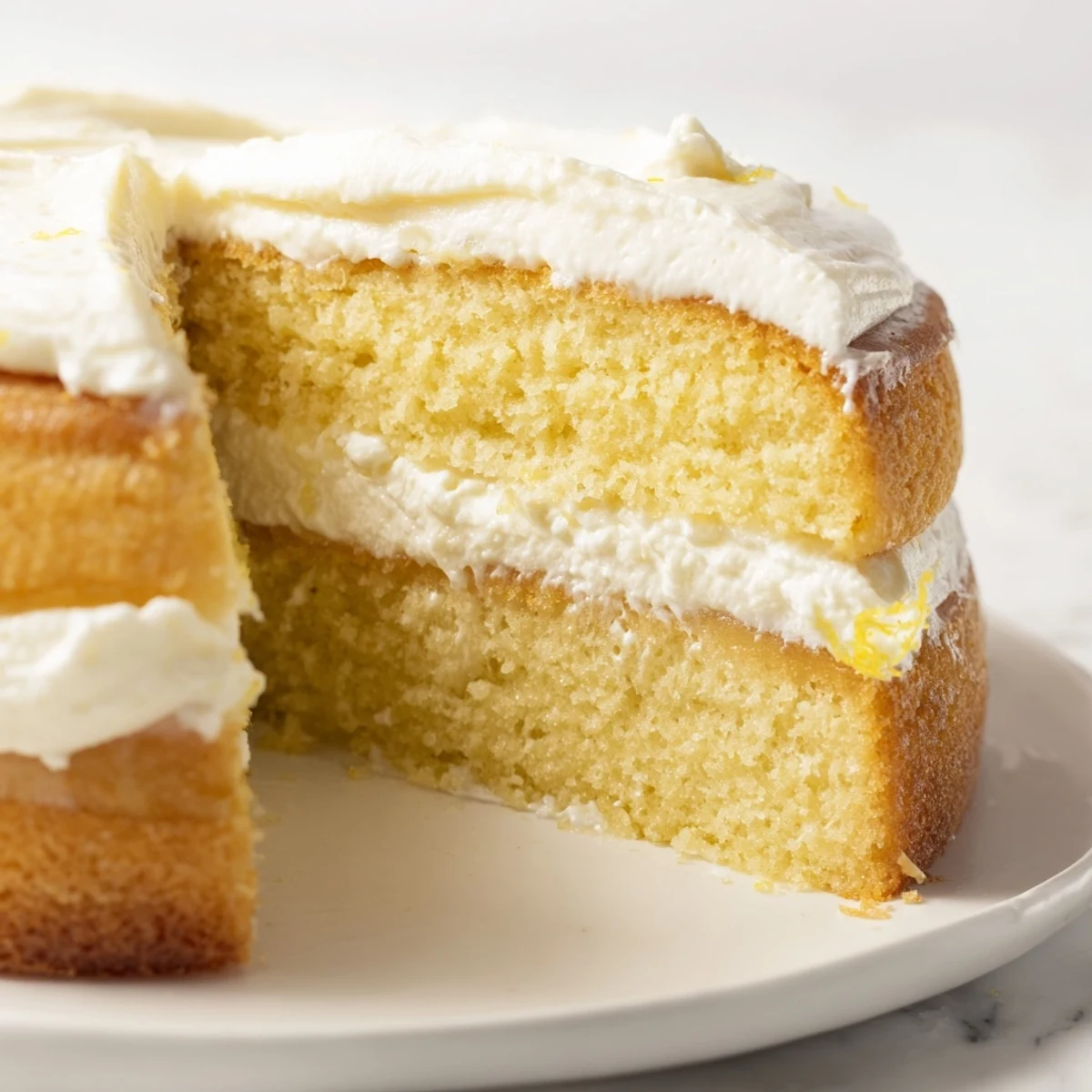 Freshly baked Limoncello Mascarpone Cake layers show sponge soaked in syrup with creamy frosting and lemon zest on a plate.