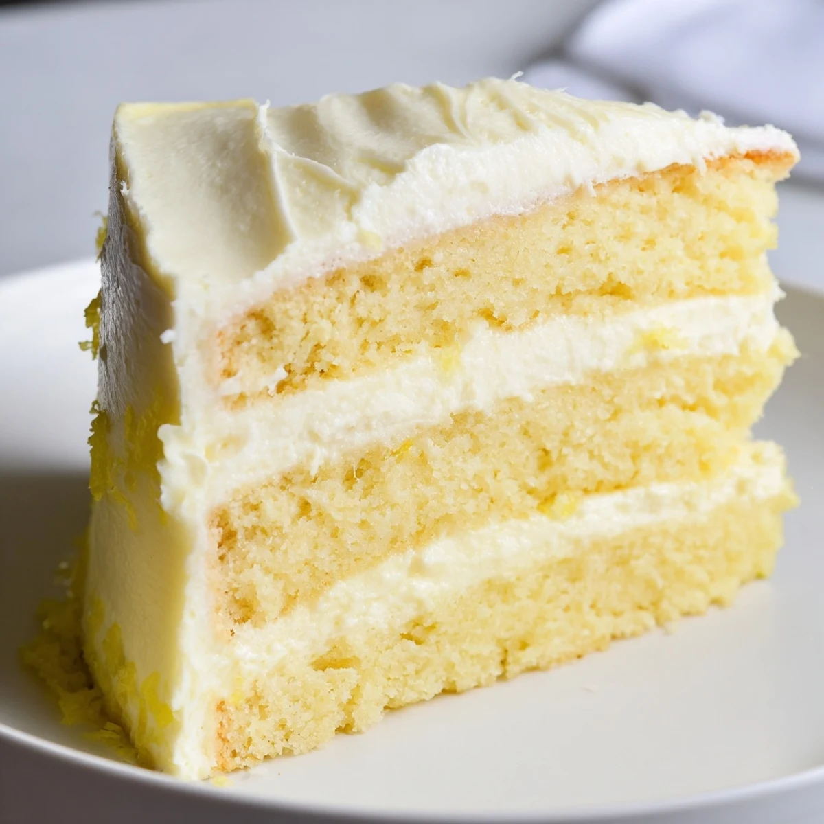 Overhead view of a decorated Limoncello Mascarpone Cake with lemon slices, showing creamy frosting and moist syrup-soaked layers on marble counter.