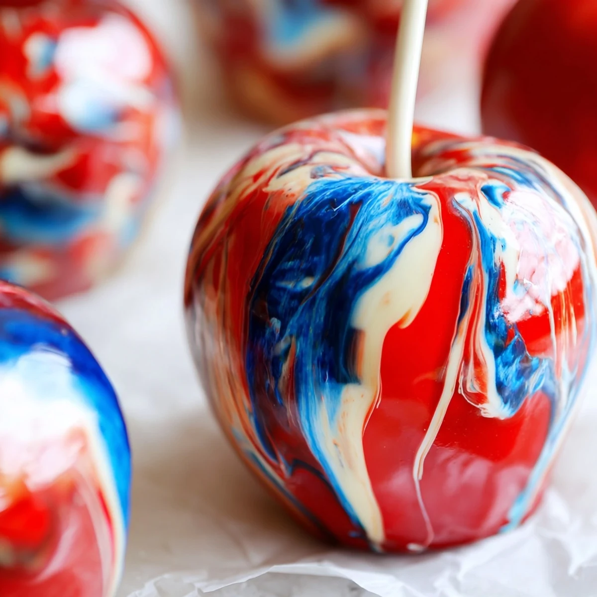 Eight glossy marbled effect candy apples with vibrant swirls on a white ceramic platter with festive ribbons.