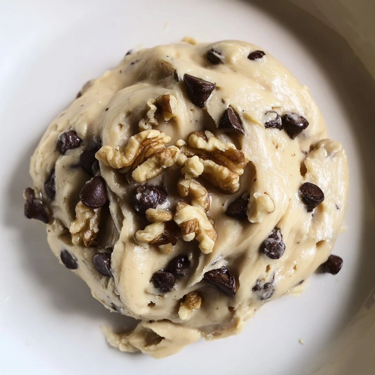A scoop of creamy Guilt Free Greek Yogurt Cookie Dough with chocolate chips and walnuts in a rustic bowl.