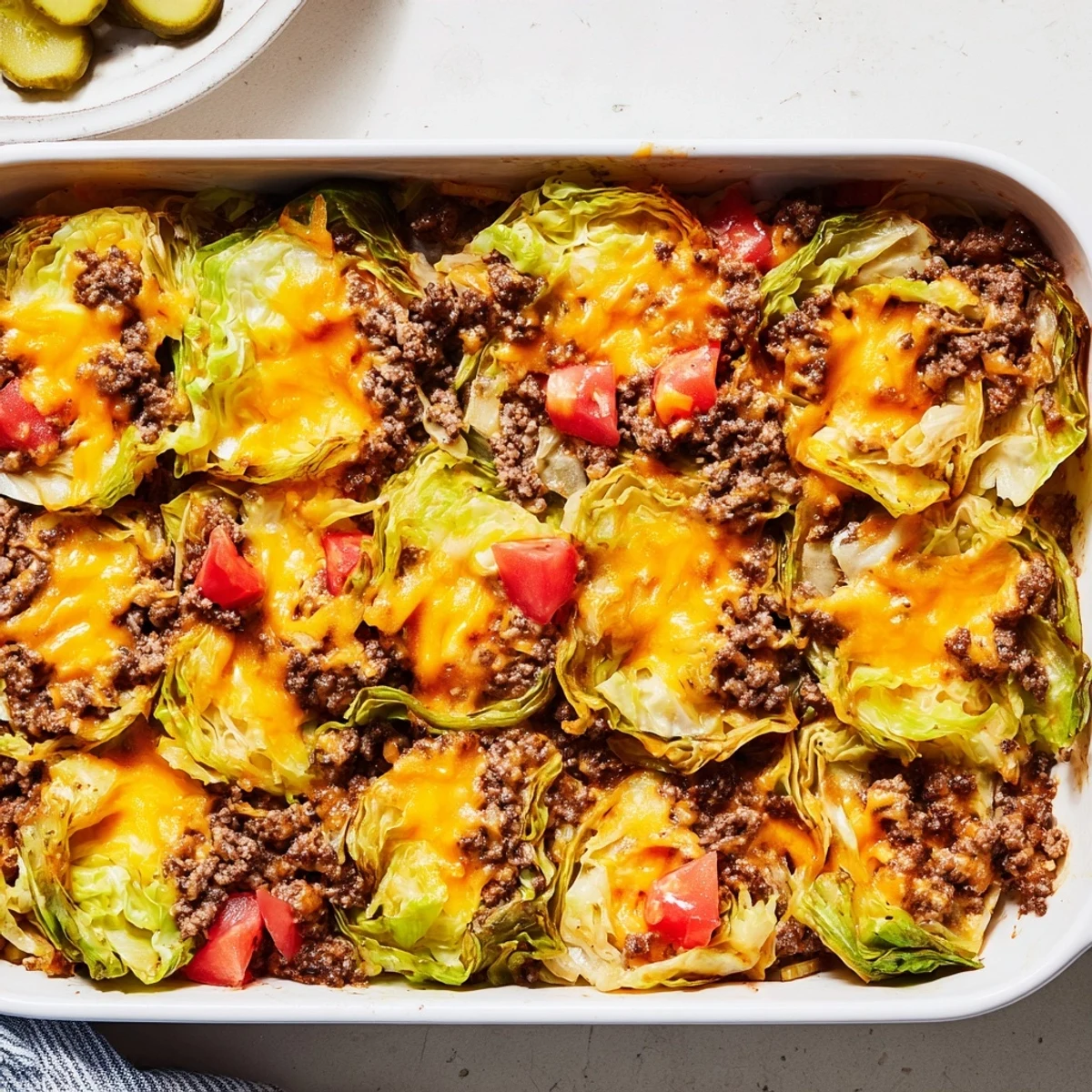 A close-up of the Easy Crispy Cabbage Burger Bake showcasing bubbling cheese and crispy cabbage edges, ready to serve with pickles and tomatoes.