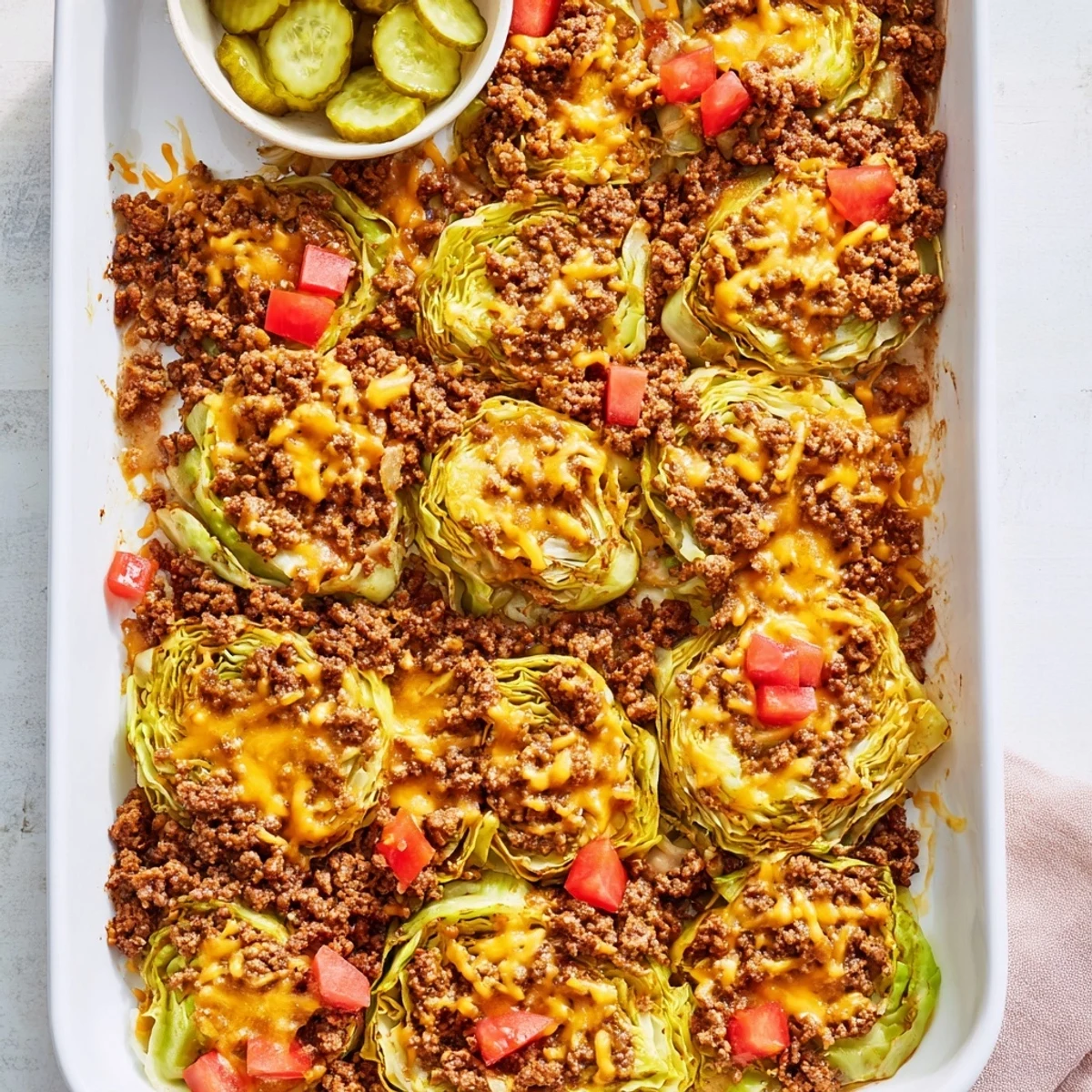 Golden roasted cabbage rounds layered with seasoned ground beef, melted cheddar, and a savory egg-milk mixture in this Easy Crispy Cabbage Burger Bake.