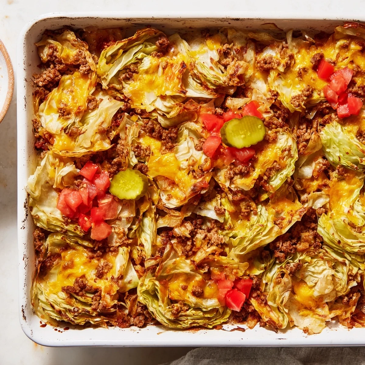 This Easy Crispy Cabbage Burger Bake features hearty beef layers nestled between golden cabbage and topped with melted cheddar, presented on a rustic table.