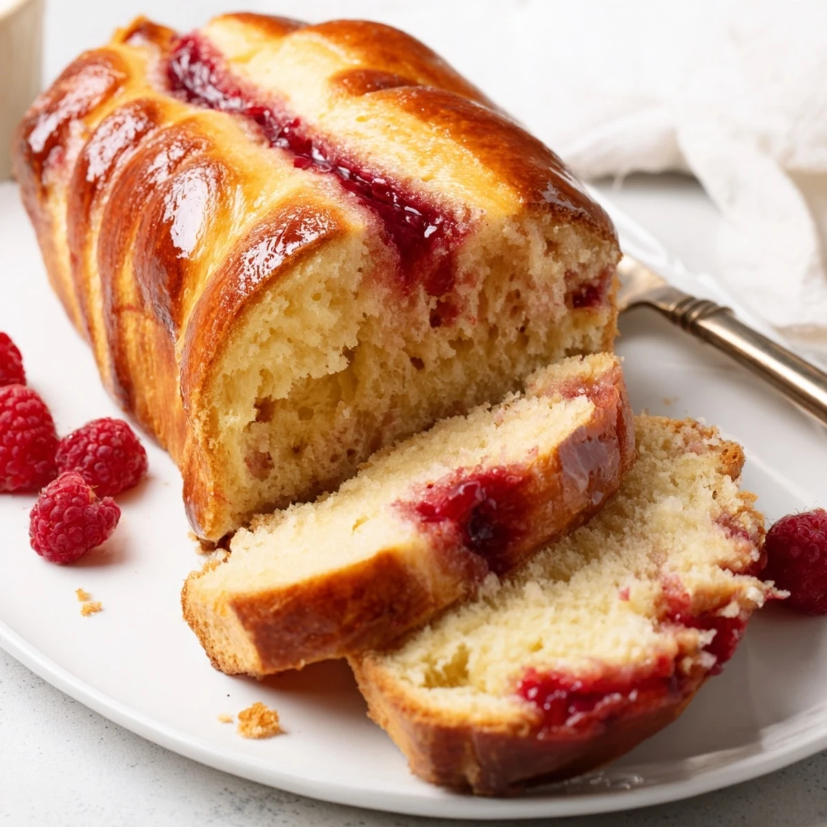 Freshly baked Raspberry Swirl Brioche Loaf with golden crust and visible red berry filling, resting on a wire rack.  