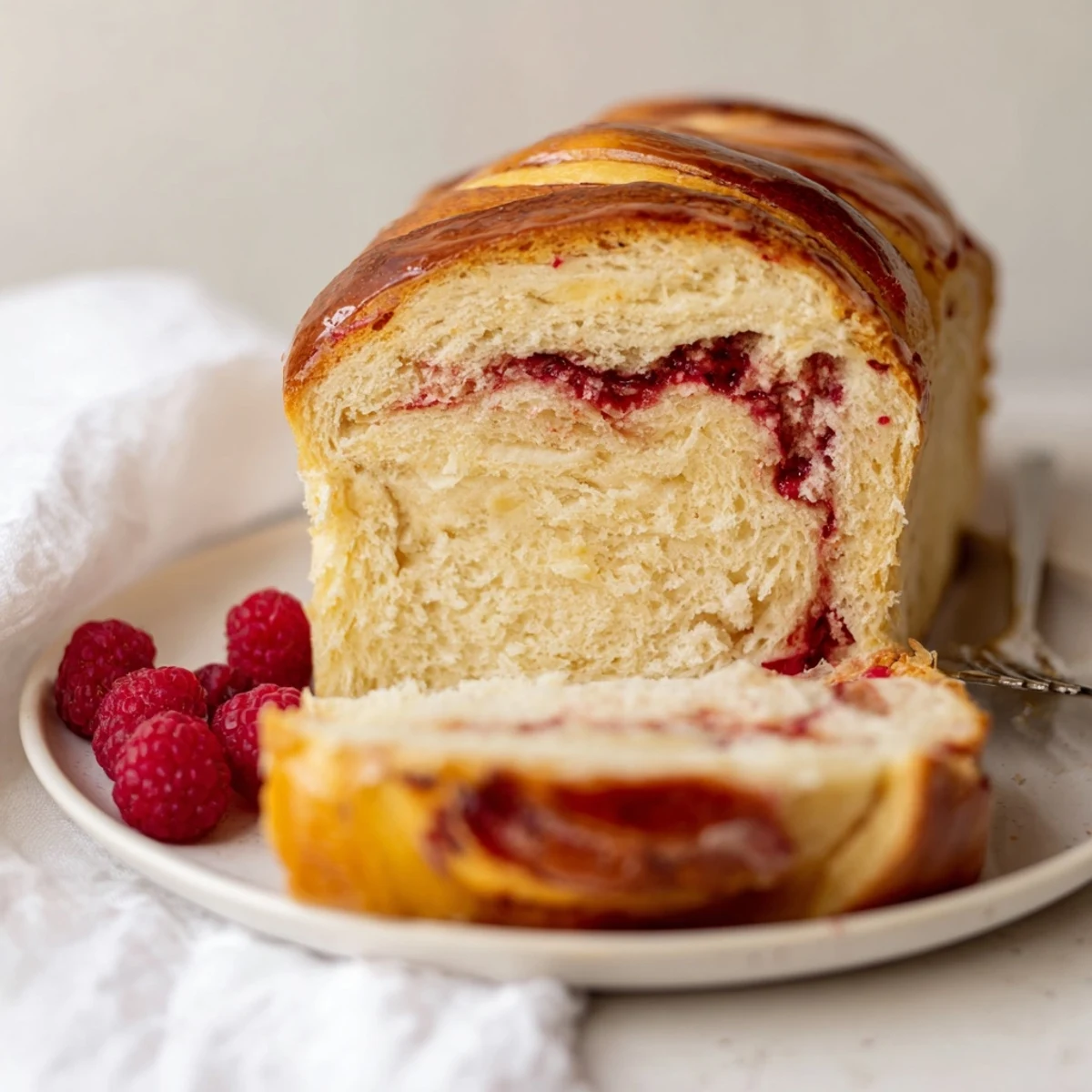 Sliced Raspberry Swirl Brioche Loaf revealing soft interior and jammy swirl, served on a wooden cutting board with butter.  