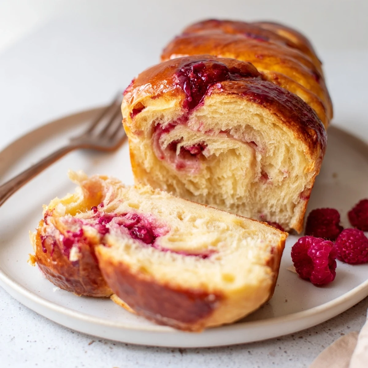 Warm Raspberry Swirl Brioche Loaf still steaming, ready for a cozy breakfast or afternoon coffee break.