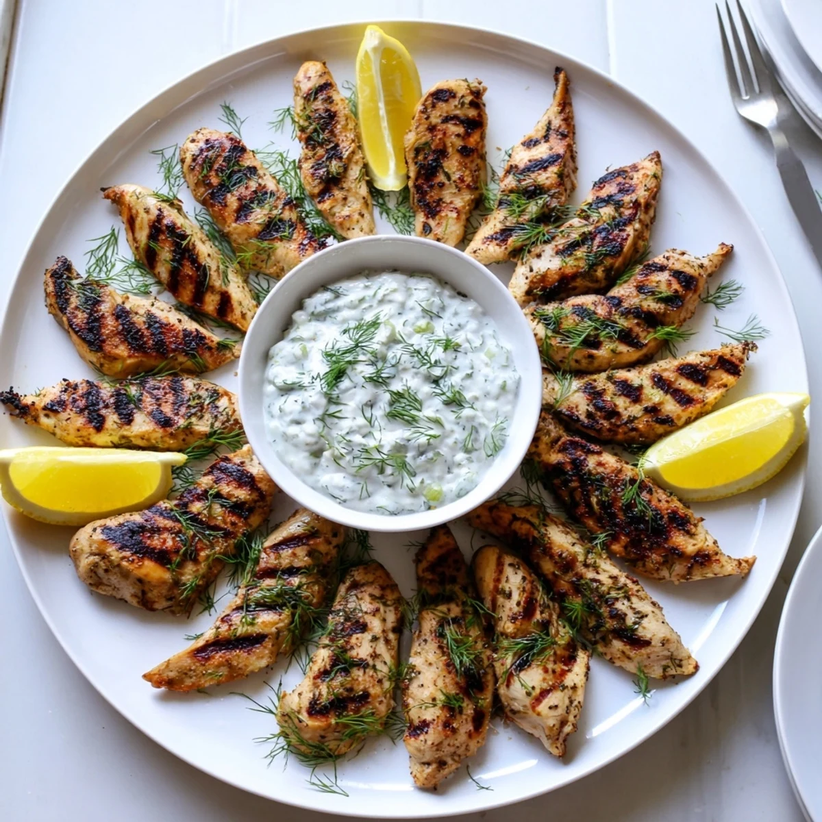 Golden-brown Delicious Greek Chicken Tenders fresh off the grill, paired with a creamy yogurt dipping sauce and lemon wedges.