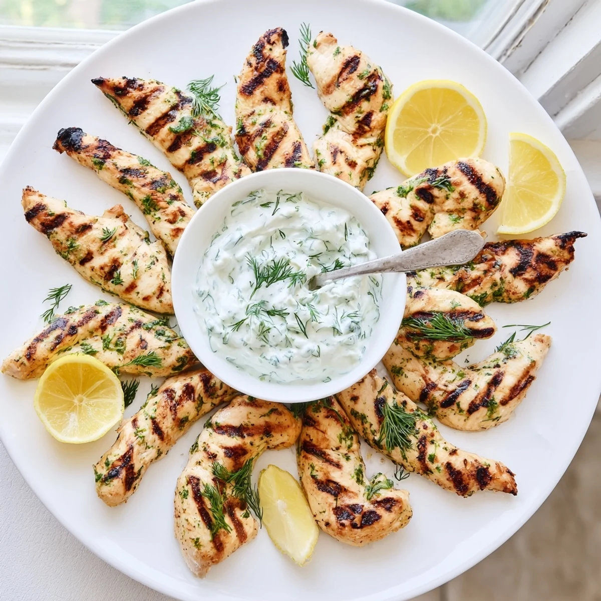 Close-up of juicy Delicious Greek Chicken Tenders seasoned with oregano and thyme, served warm on a white plate.