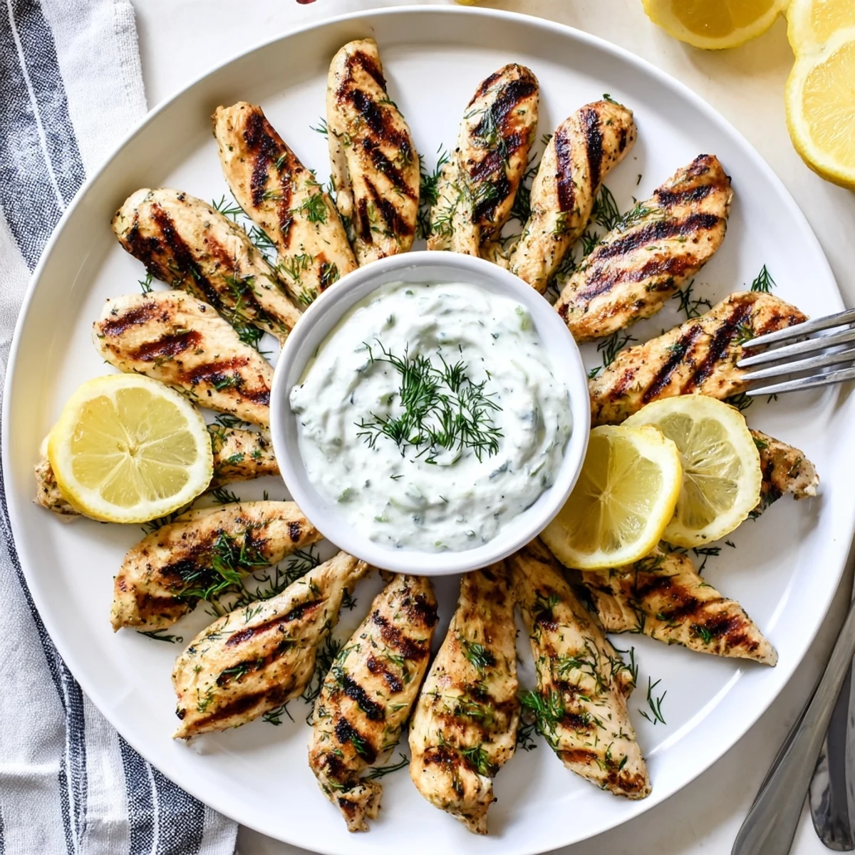 Plated Delicious Greek Chicken Tenders with a refreshing cucumber yogurt sauce and fresh parsley garnish.