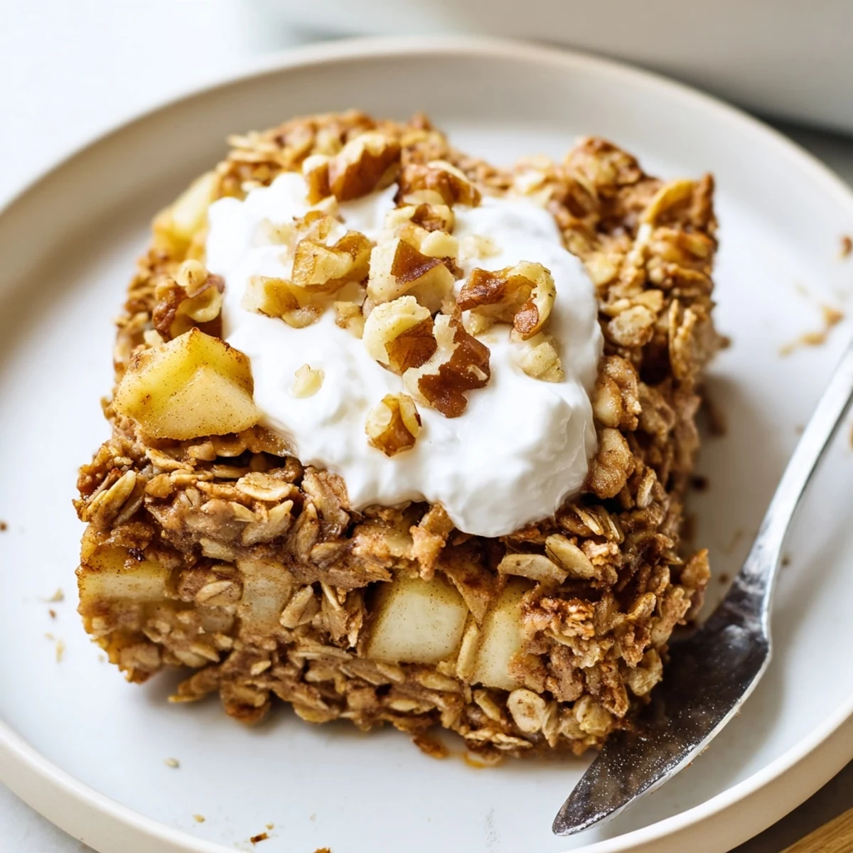 Sliced warm Baked Apple Oatmeal With Greek Yogurt shows tender apples and a golden oat crust.