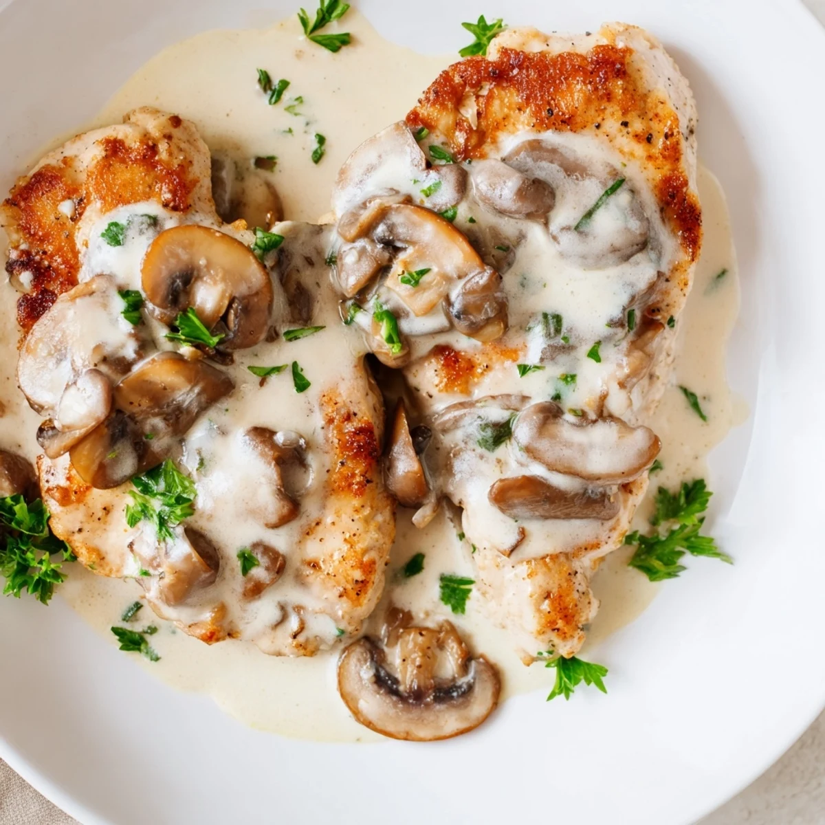 Golden-brown chicken breasts smothered in creamy Mushroom Asiago Chicken sauce, garnished with fresh parsley on a dinner plate.