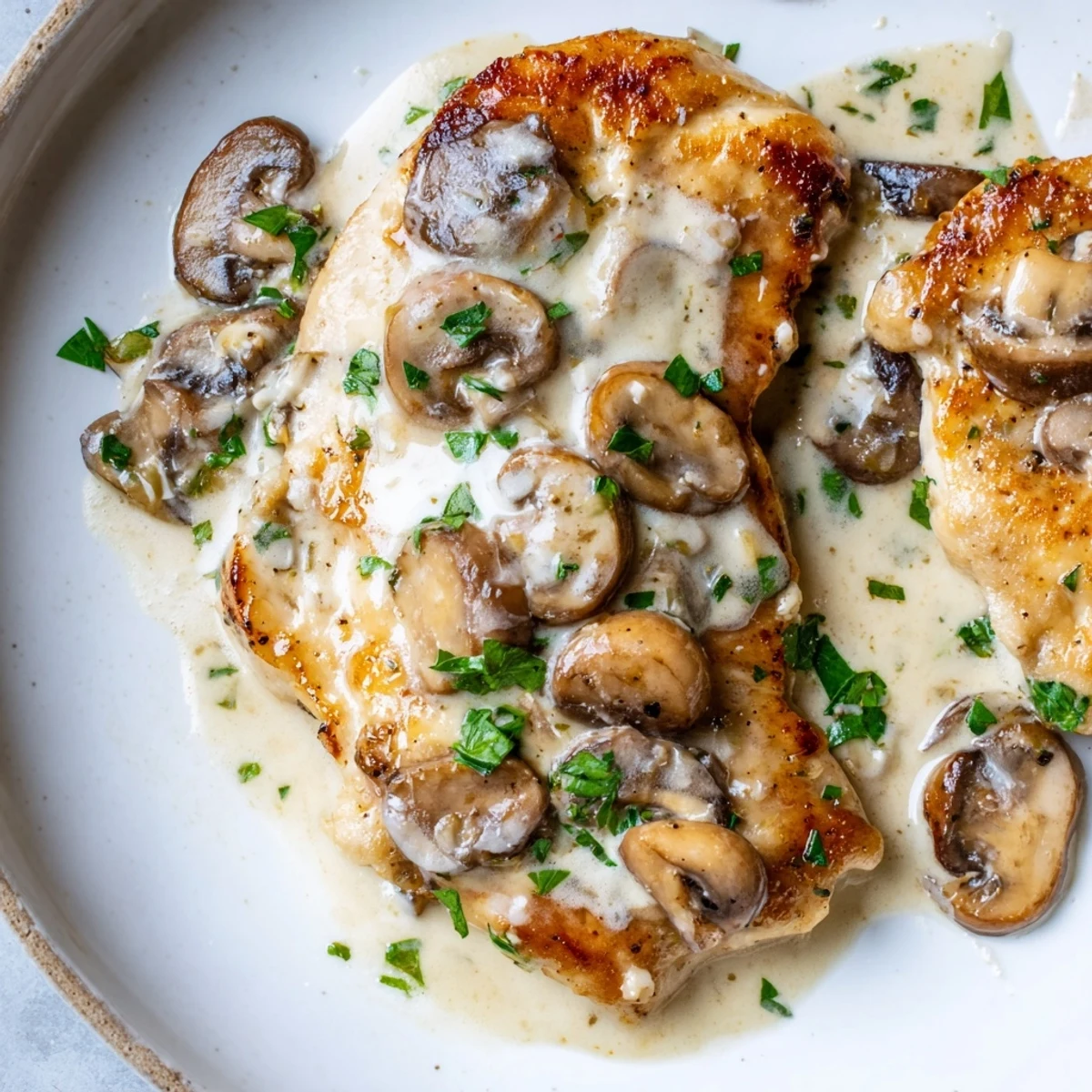 Steamed vegetables and a side of pasta accompany this hearty, savory Mushroom Asiago Chicken main dish.