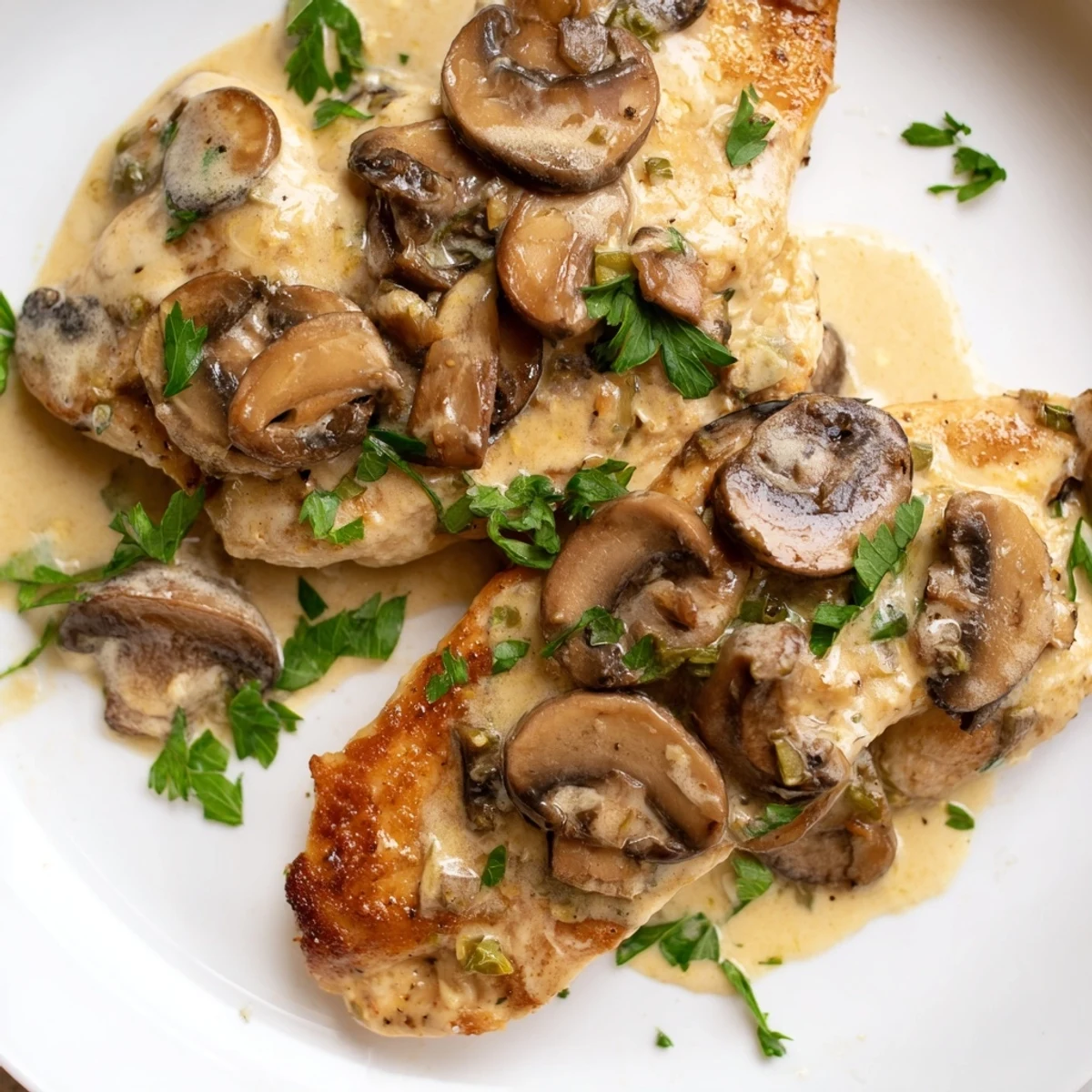 Tender chicken breasts topped with mushrooms and melted Asiago cheese for a comforting Mushroom Asiago Chicken dinner.