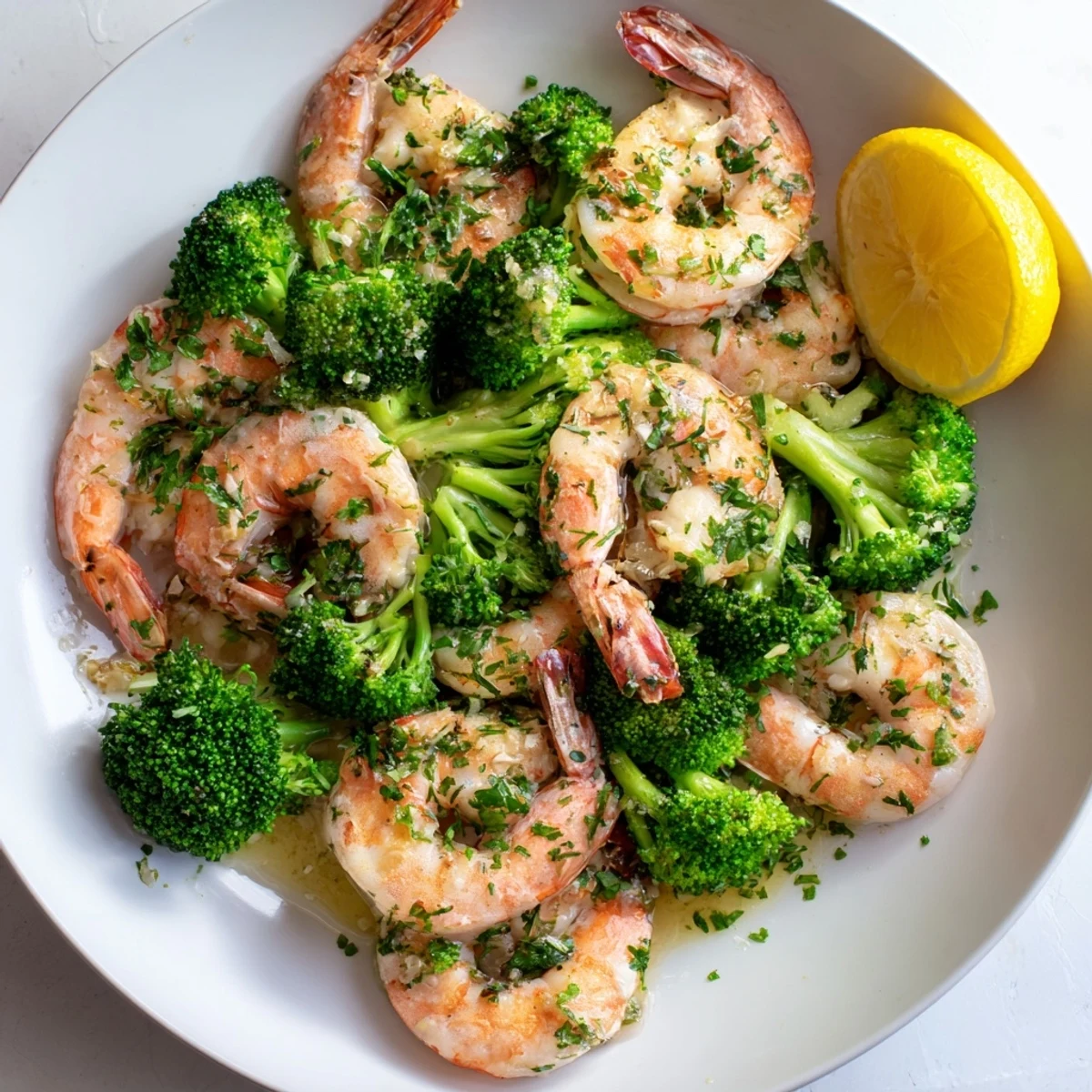 Golden honey garlic butter shrimp paired with bright green broccoli florets, glistening in a savory sauce on a white plate.