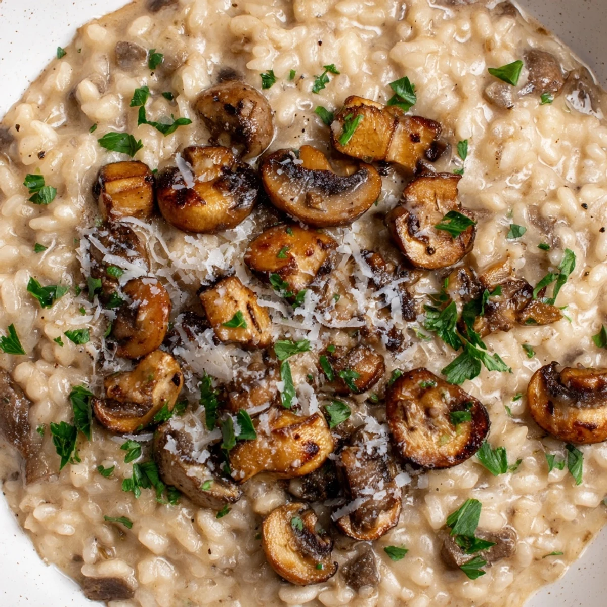 A close-up of Creamy Mushroom Risotto in a white bowl, with sautéed mushrooms and parsley garnish.