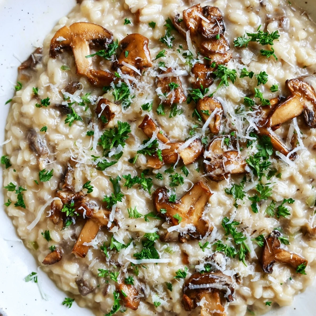 Creamy Mushroom Risotto served in a skillet with steam rising and fresh parsley on top.