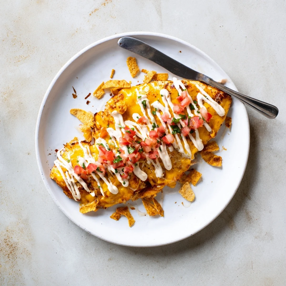 This grilled Fiesta Lime Chicken features creamy Mexi-ranch sauce and fresh garnishes, perfect for a festive Tex-Mex dinner.