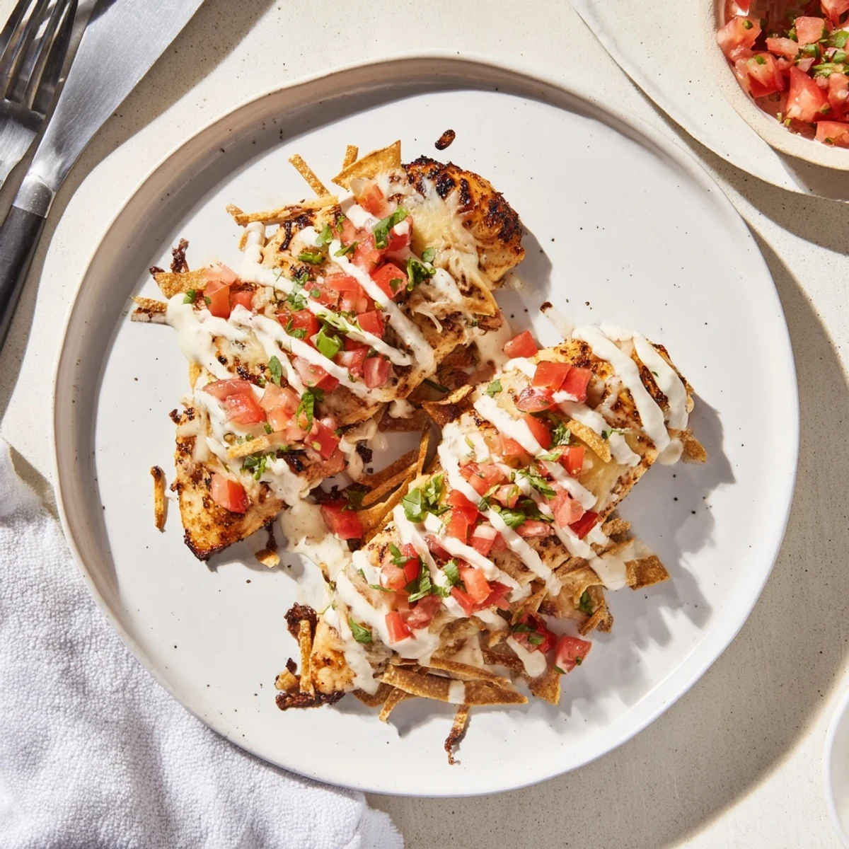 Juicy grilled Fiesta Lime Chicken topped with spicy ranch and melted cheese, paired with a zesty tomato salsa.