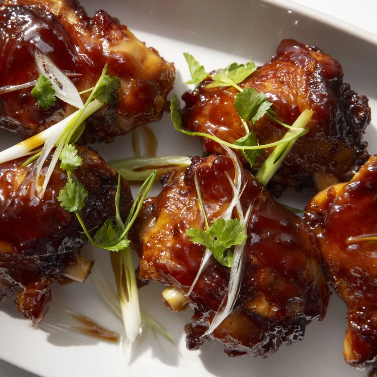 Golden caramelized Ga Kho chicken thighs glistening in a clay pot with fresh scallions.