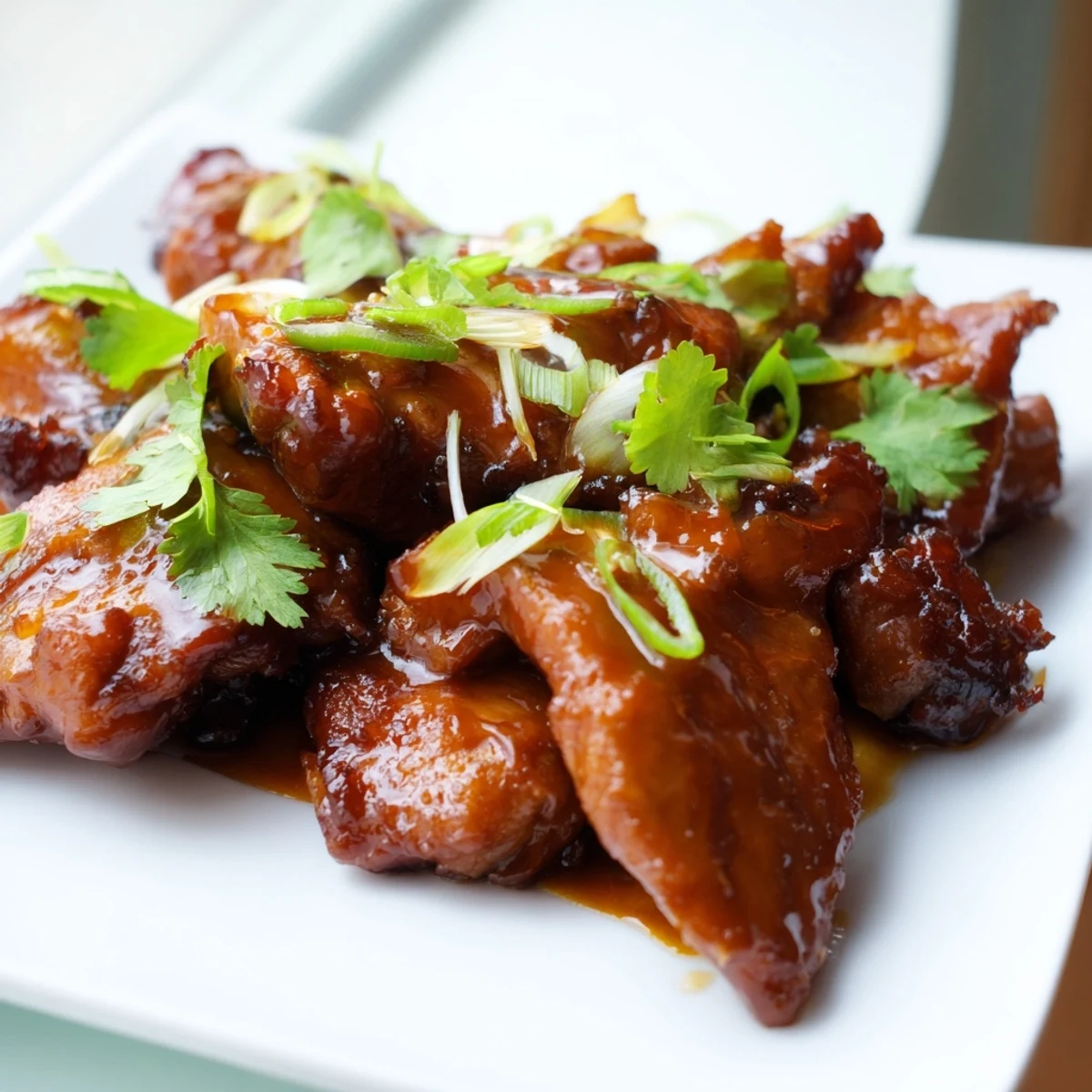 A close-up of glossy Ga Kho chicken garnished with cilantro and Thai chilies.