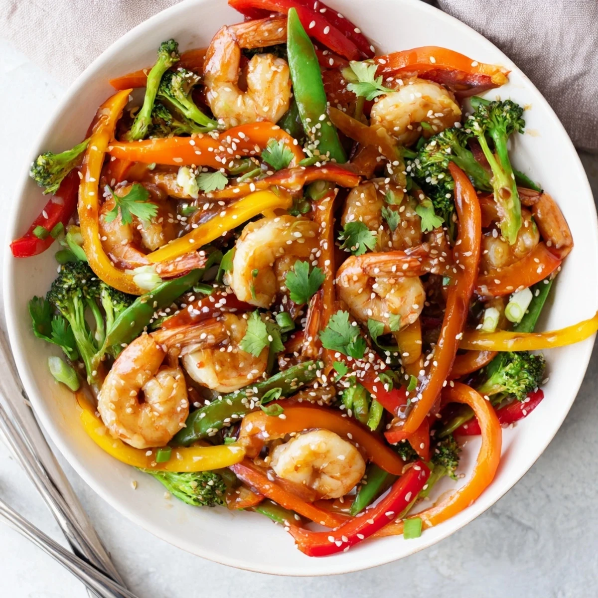 A close-up of Shrimp Stir Fry in a skillet with glistening sauce and crisp veggies.