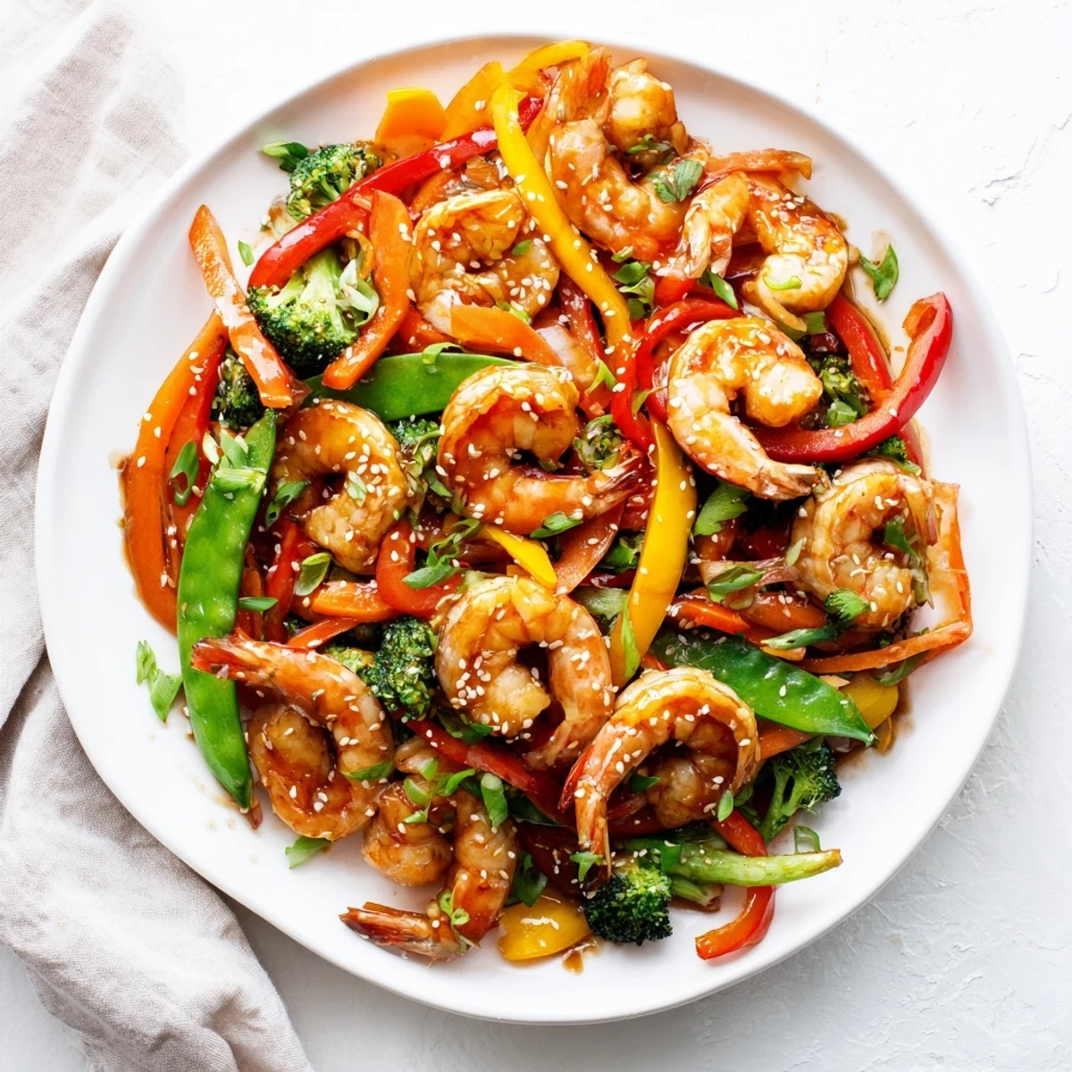 Colorful Shrimp Stir Fry with shrimp, bell peppers, and broccoli in a savory sauce.
