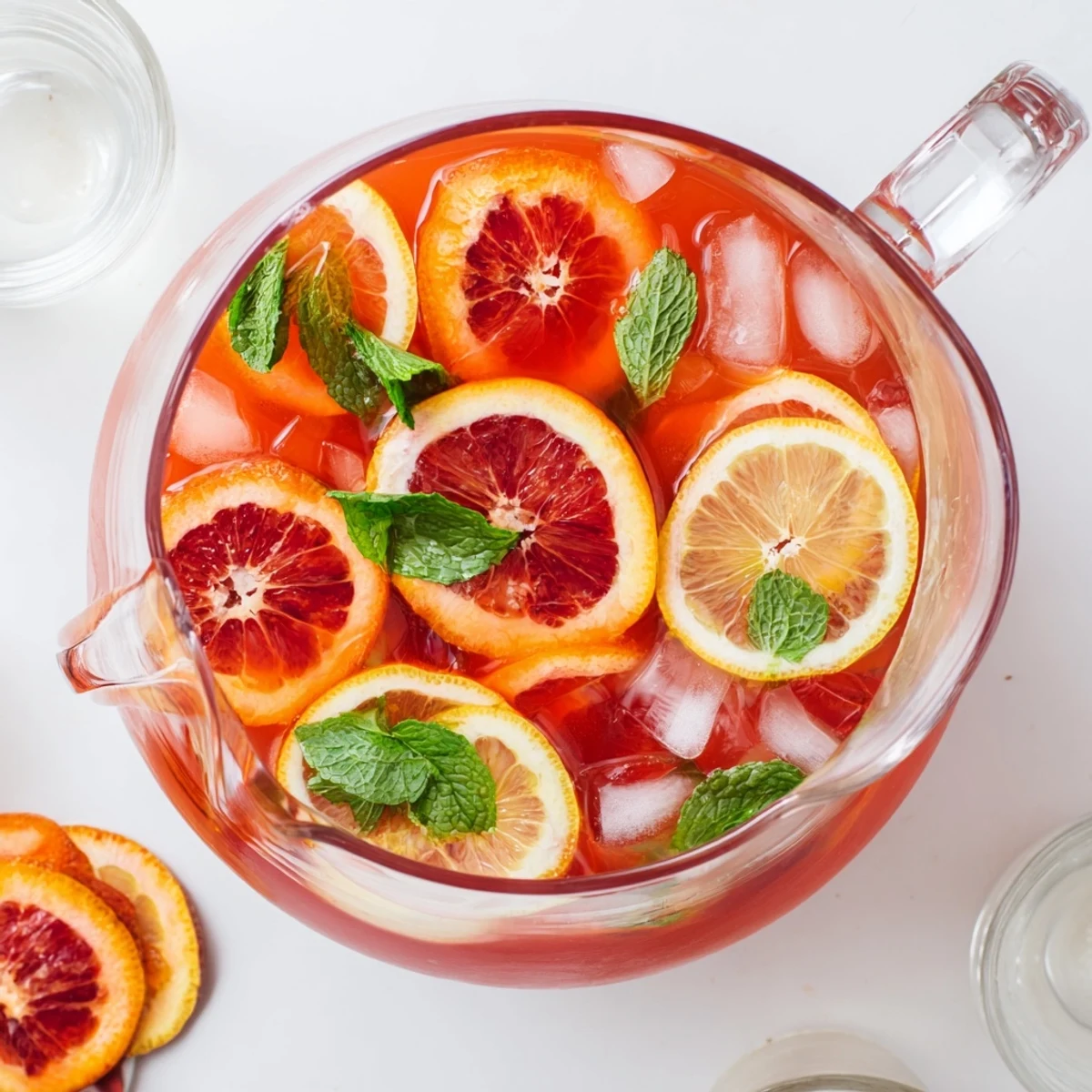 Blood Orange Lemonade recipe served over ice in a tall glass, garnished with fresh mint leaves and citrus slices.  