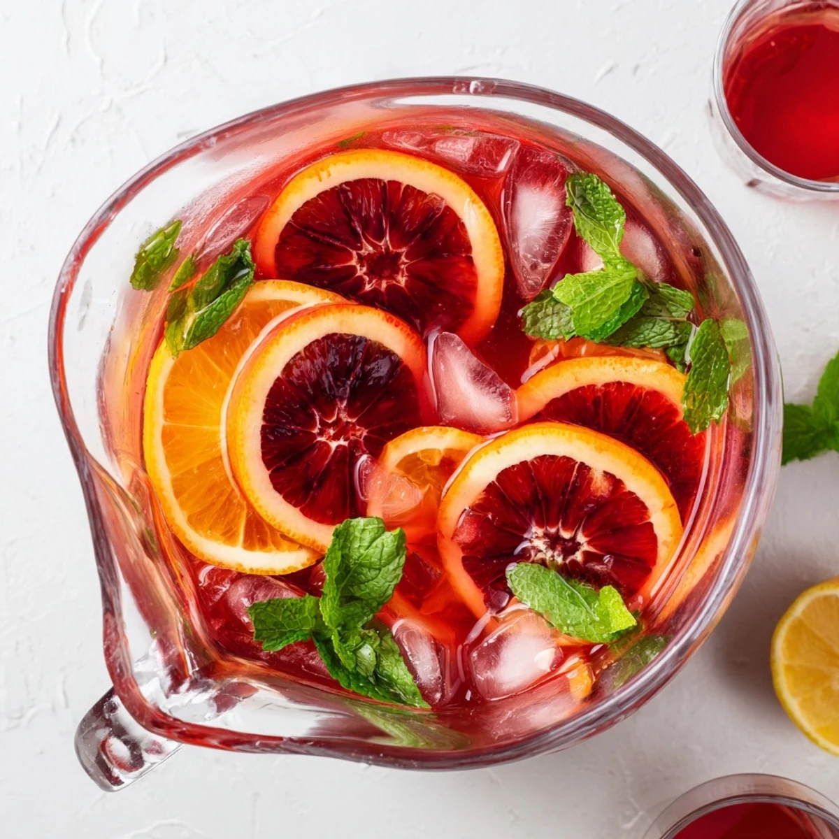 A refreshing pitcher of Blood Orange Lemonade with vibrant red hues and sparkling water for summer gatherings.  