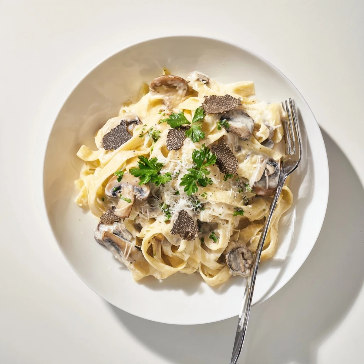 Creamy Truffle Mushroom Pasta twirls on a fork with earthy mushrooms and a glossy truffle oil drizzle.