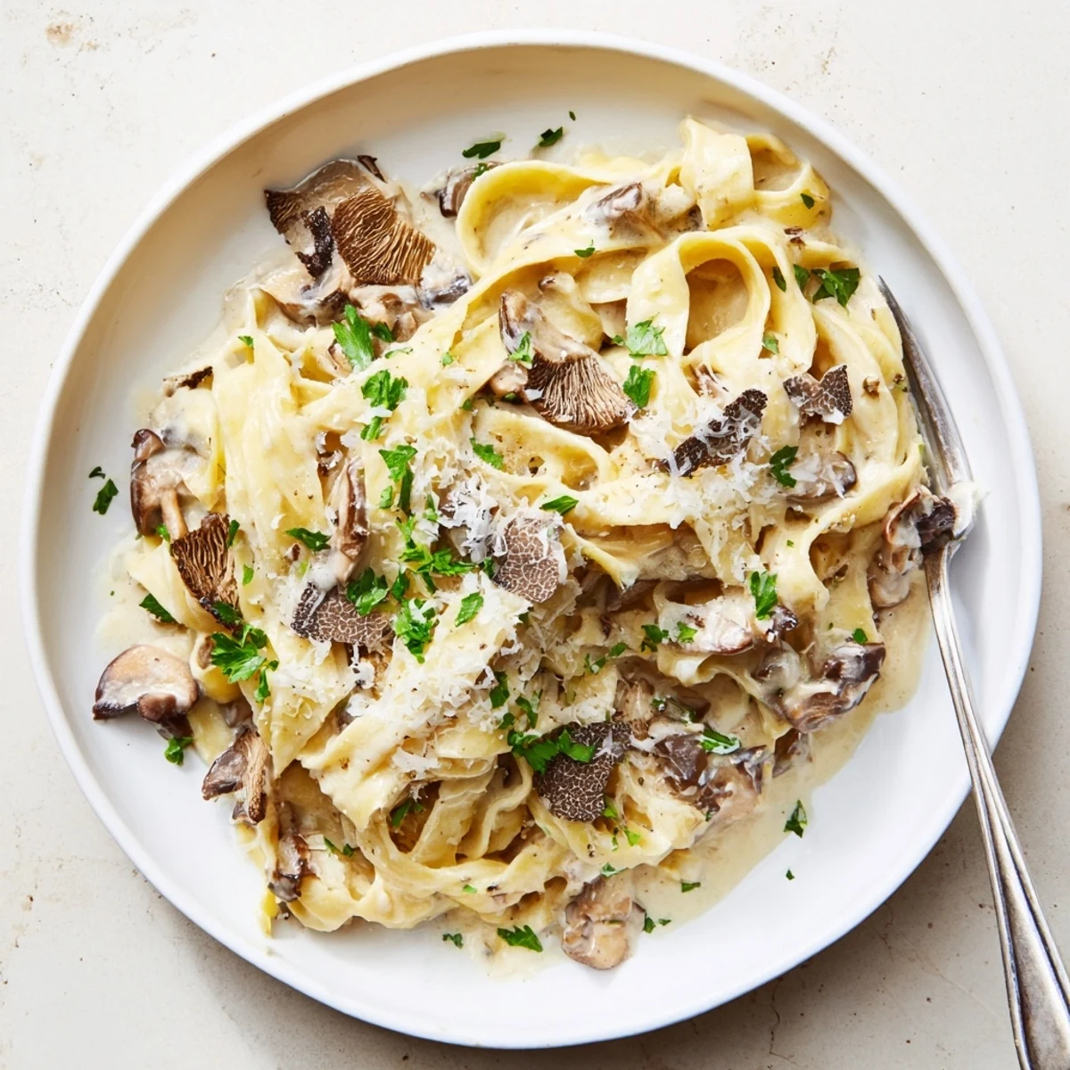 Forkful of tender tagliatelle coated in a rich, garlicky mushroom sauce and shaved black truffle garnish.