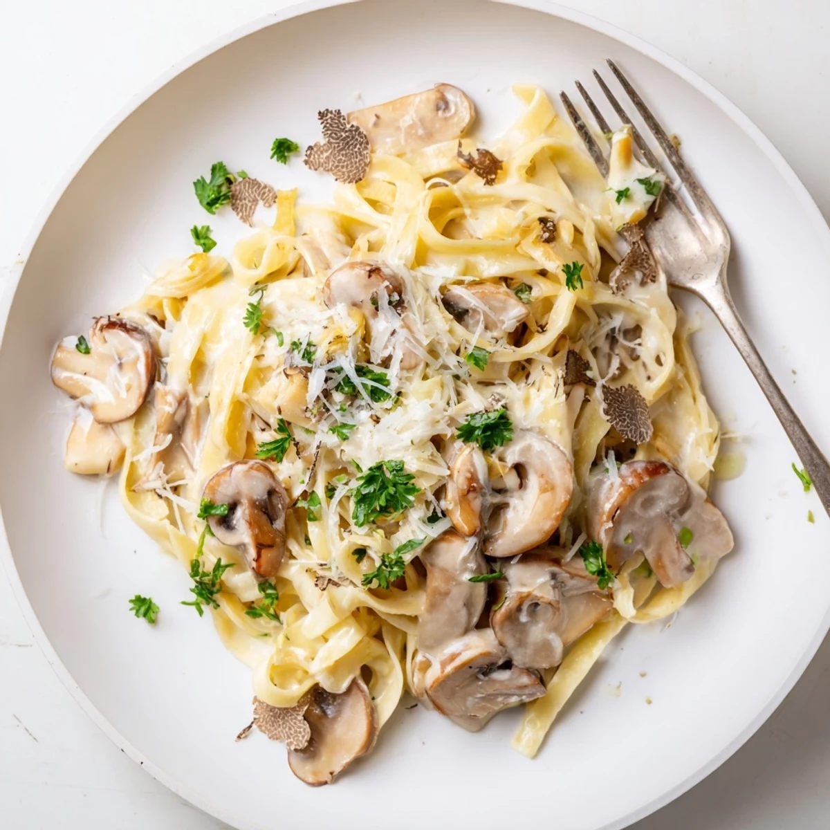 Warm plate of Truffle Mushroom Pasta served with parsley, Parmesan, and a glass of crisp Chardonnay.