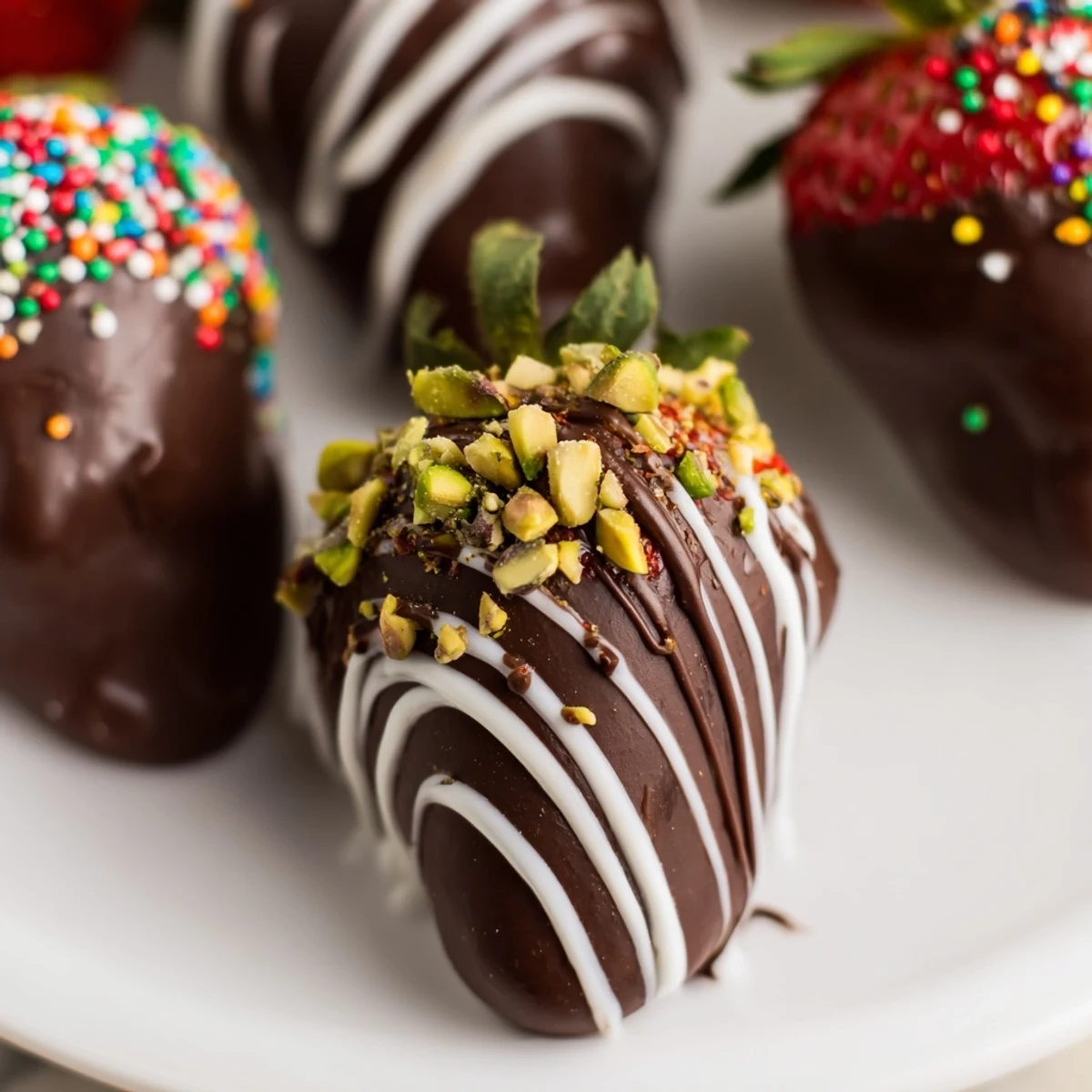 Dipped Chocolate Covered Strawberries for Valentines Day with silky chocolate and chopped pistachios on a marble platter.