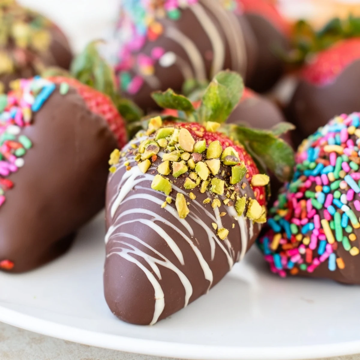 Fresh Chocolate Covered Strawberries for Valentines Day glistening with dark chocolate and a white chocolate drizzle.