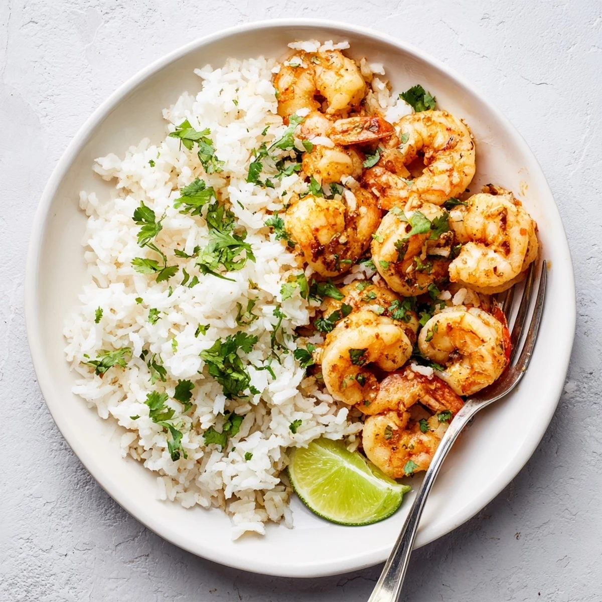 Steaming coconut rice topped with sautéed spicy lemongrass shrimp and fresh cilantro garnish.