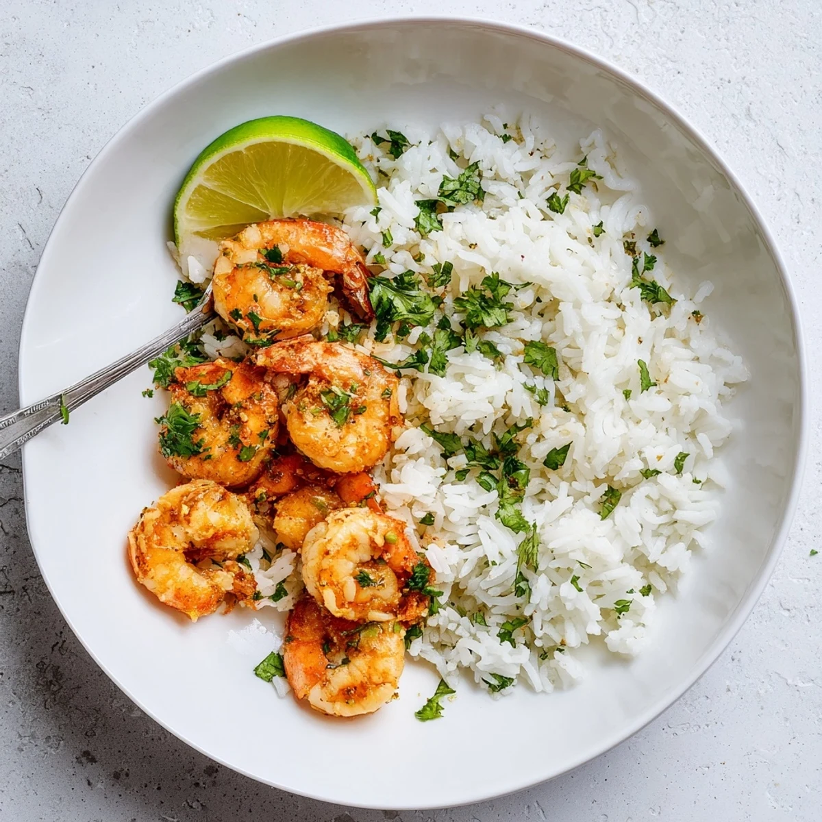 Spicy Lemongrass Shrimp With Coconut Rice plated with lime wedges and red chili slices.