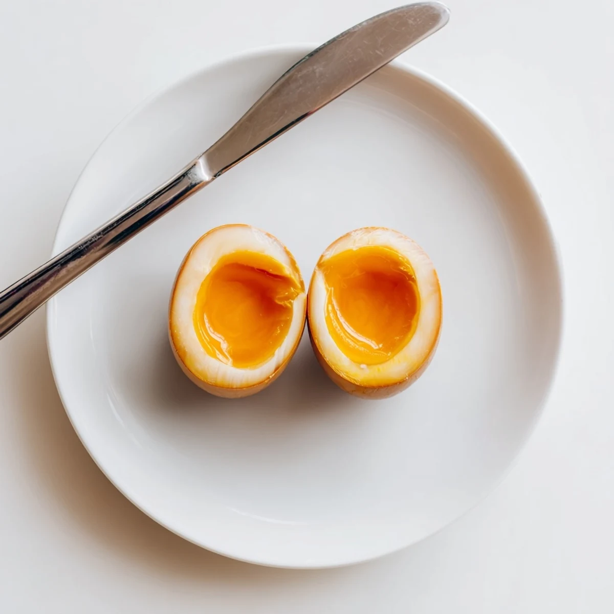 A close-up of halved Ramen Eggs showcasing a soft, custardy center, drizzled with a dark umami marinade glaze.