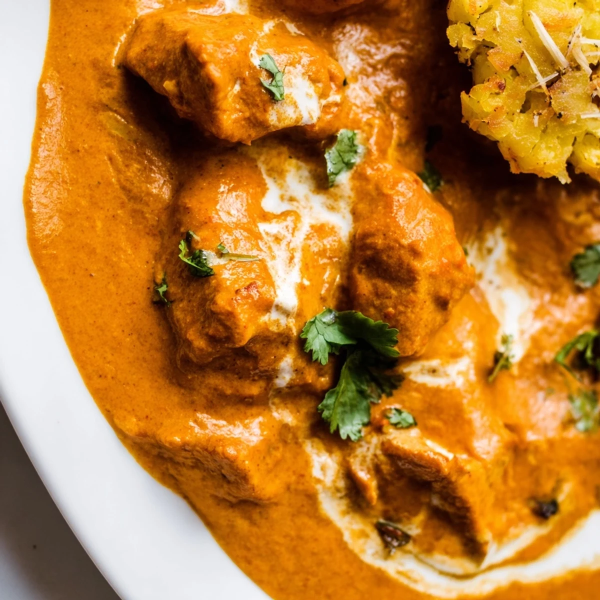 Creamy, spiced butter chicken and vegetable fritters served warm with fresh cilantro garnish.