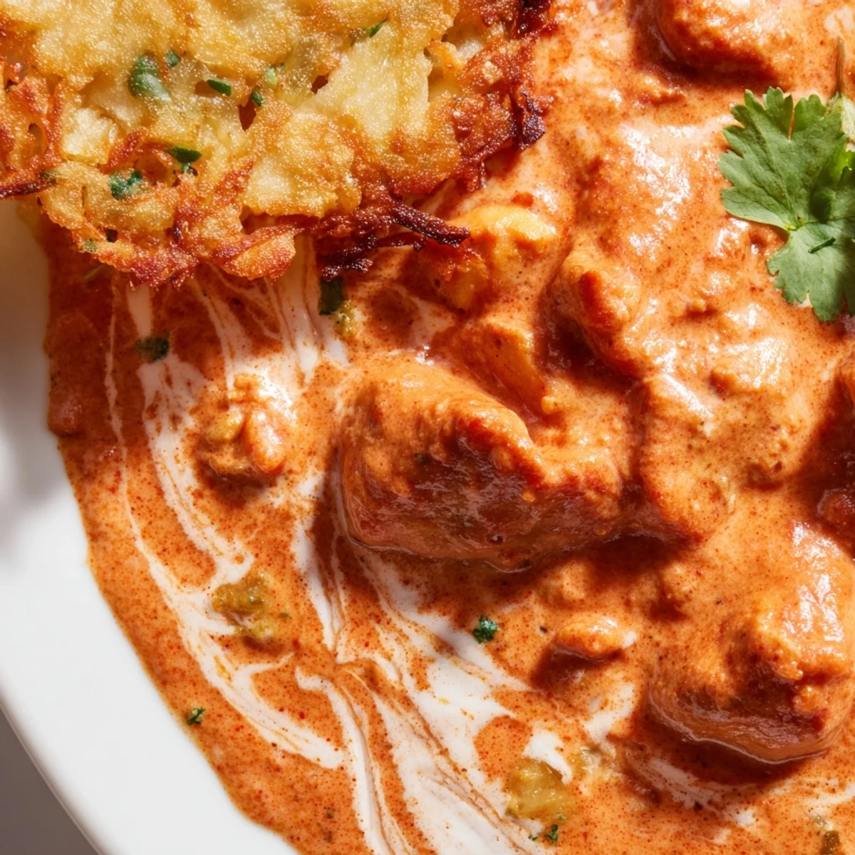 Golden vegetable fritters beside rich butter chicken in a rustic skillet meal.