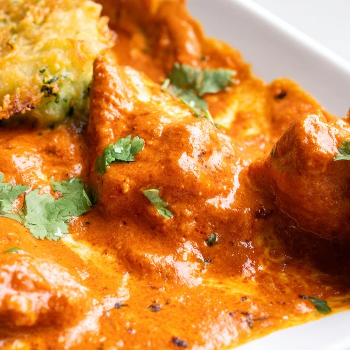 Butter chicken and vegetable fritters ready to serve with basmati rice on the side.