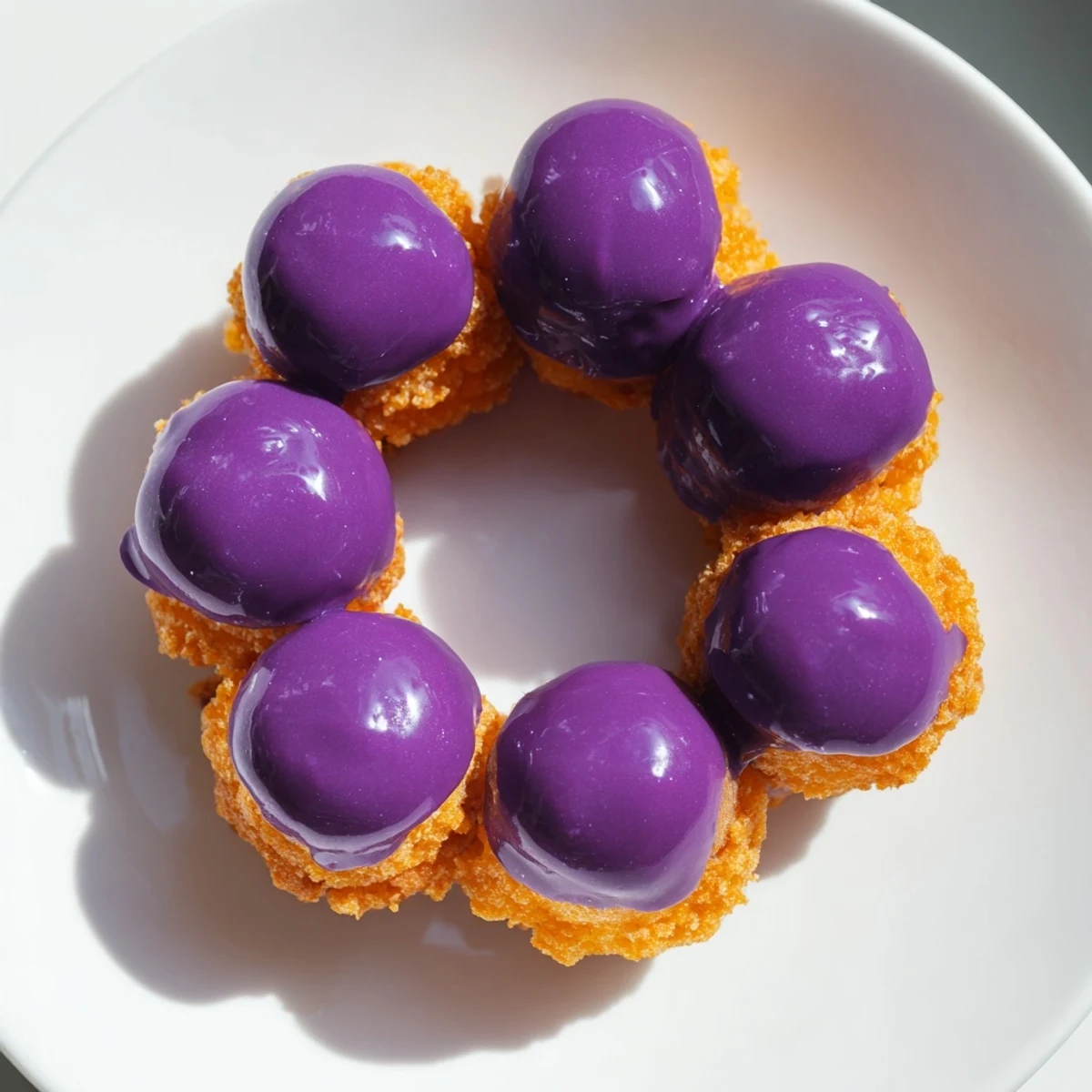 Vibrant purple ube mochi donuts with a crispy fried exterior and chewy, soft interior on a serving plate.