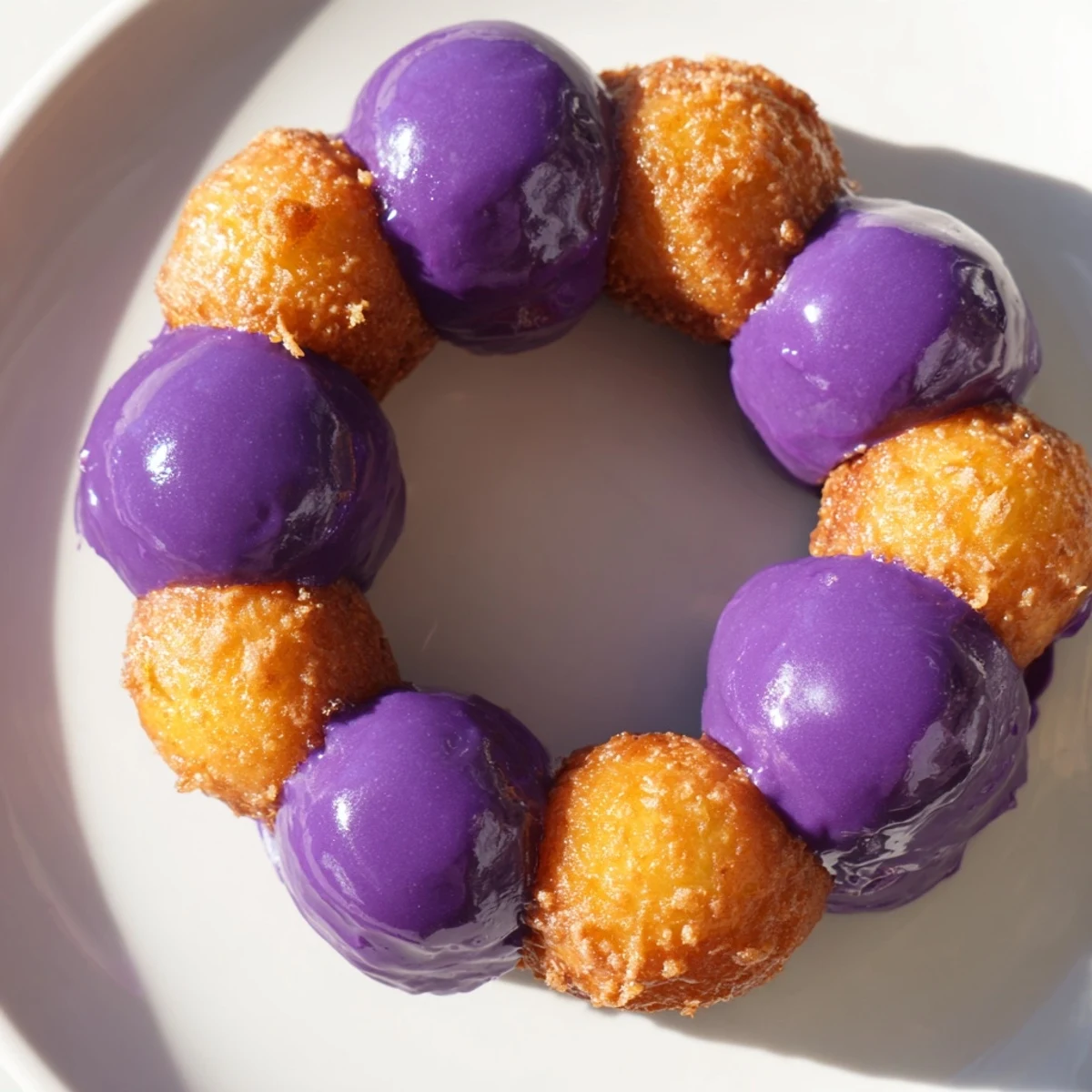 Freshly fried ube mochi donuts arranged in a ring shape, showcasing their unique Filipino Japanese fusion flavors.