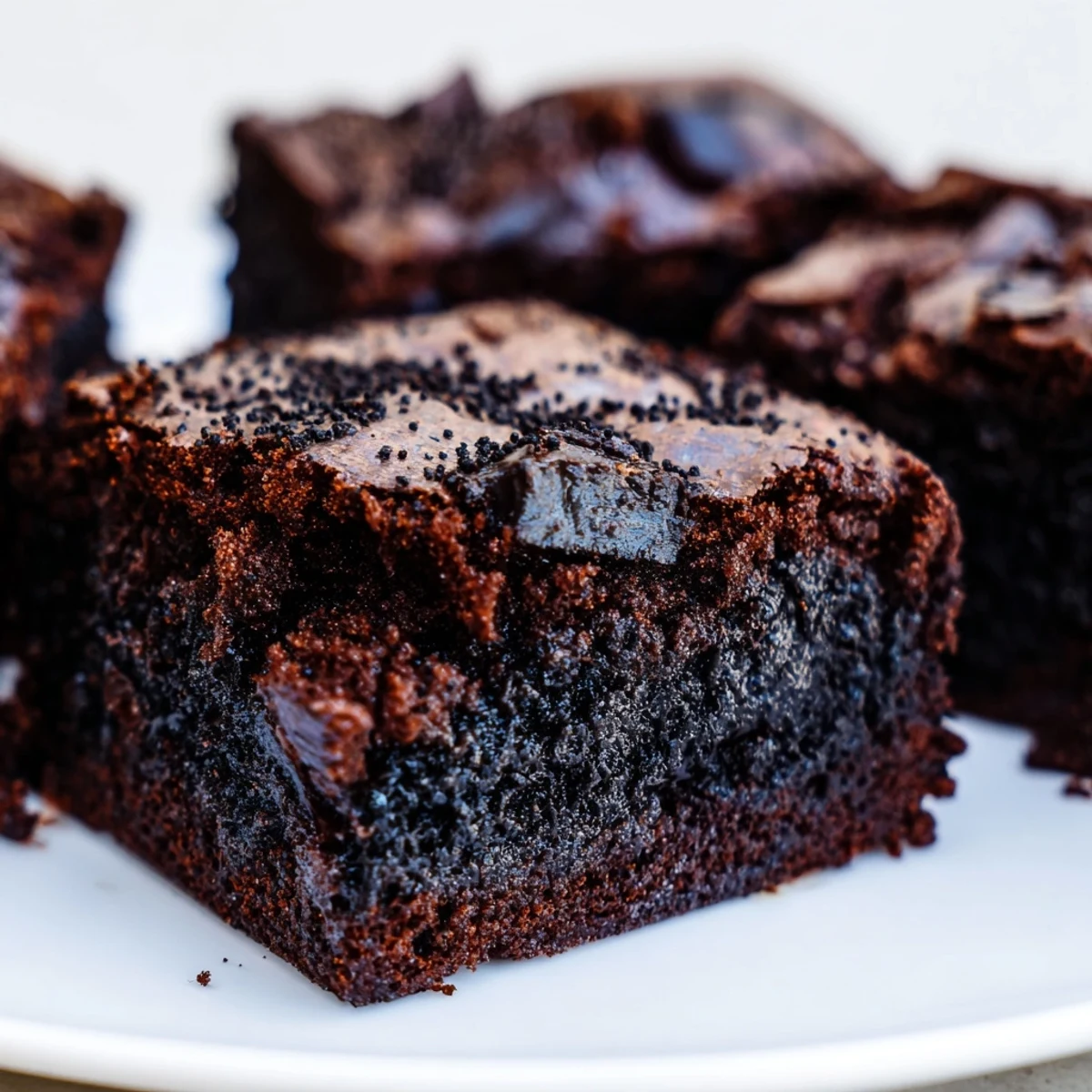 A close-up of warm Black Sesame Brownies cut into squares, revealing a rich, dense interior crumb.