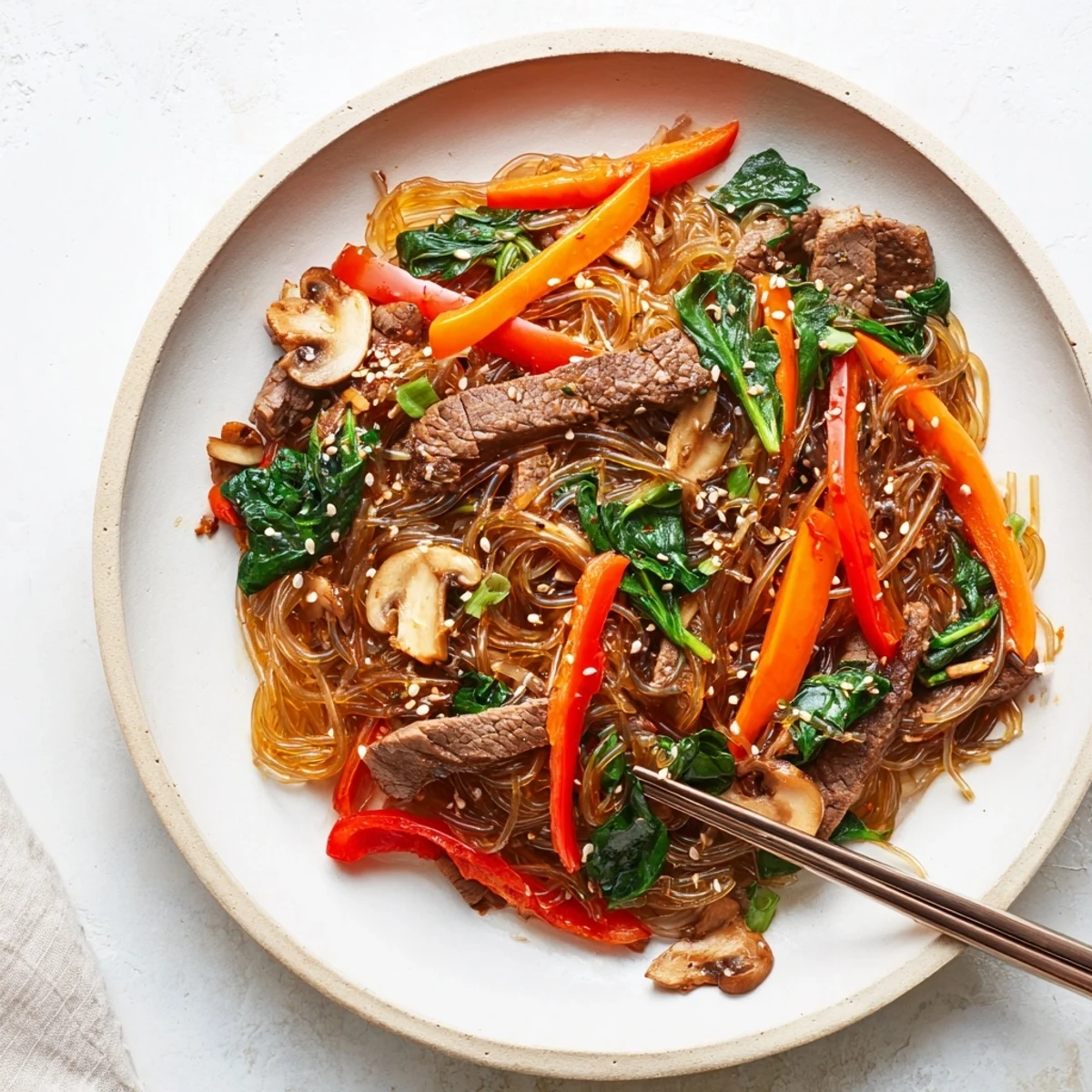 Tender beef and springy glass noodles glisten with a spicy gochujang sauce in this close-up Korean Beef Noodles photo.