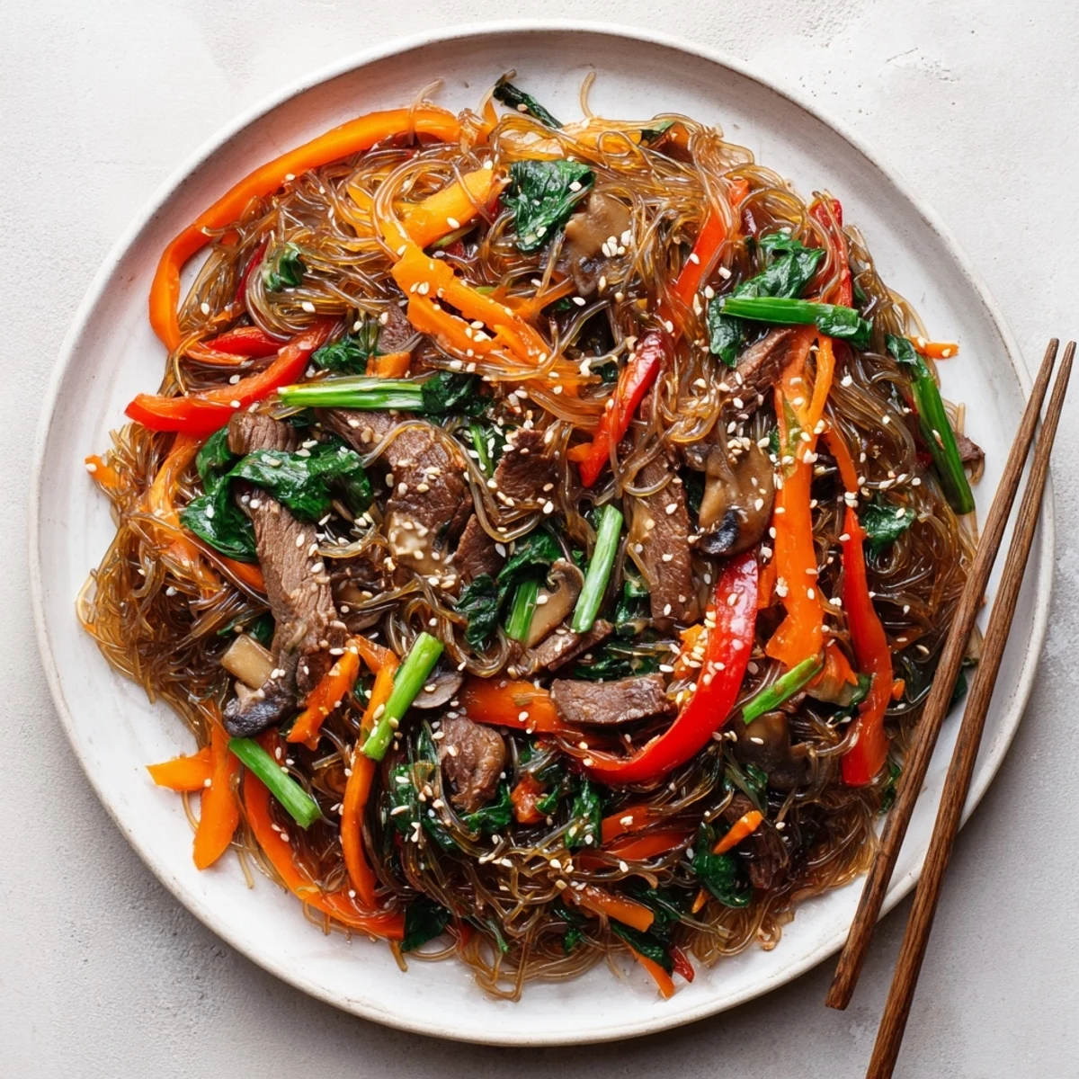 Sizzling Korean Beef Noodles are served steaming hot from the skillet, garnished with sesame seeds for a flavorful finish.