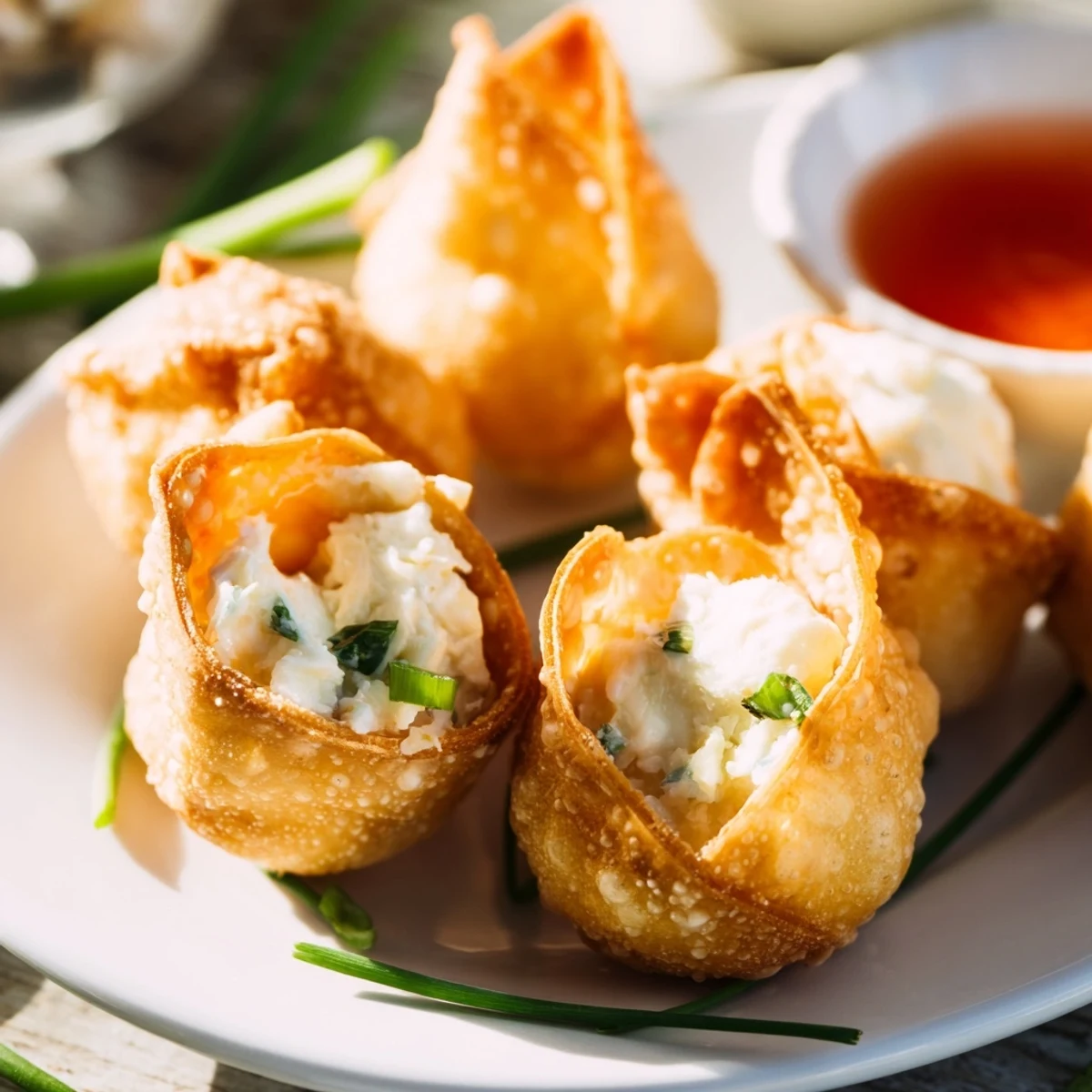 Golden brown Crispy Crab Rangoon Bombs with creamy filling served on a platter with sweet chili dipping sauce.