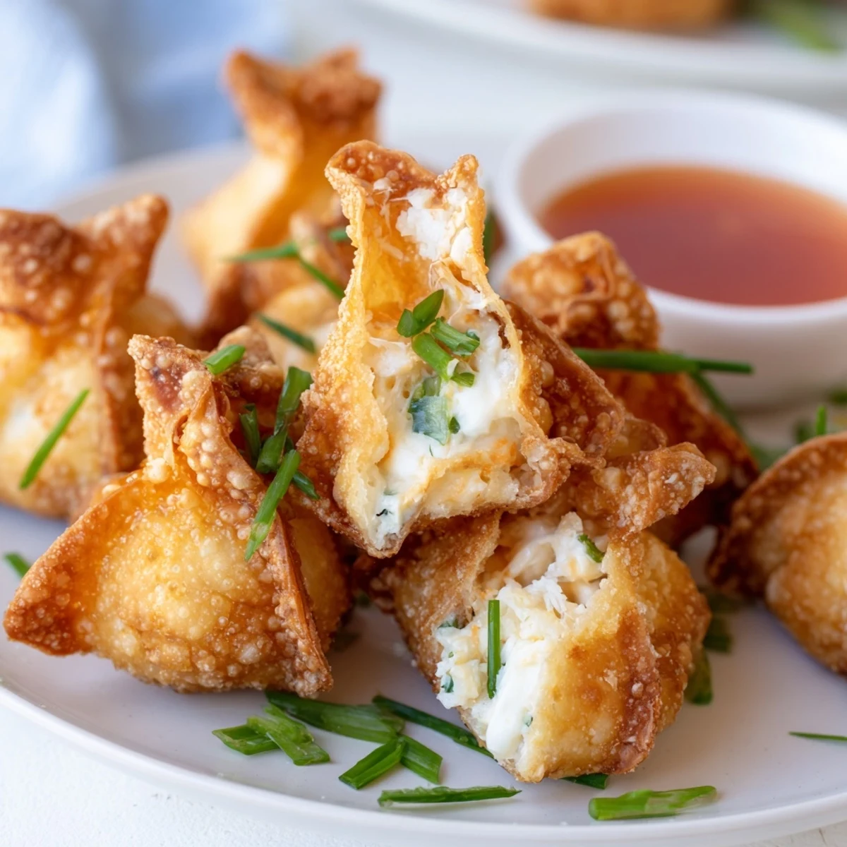 Close-up of Crispy Crab Rangoon Bombs revealing the rich, cheesy crab filling inside, garnished with fresh chives.