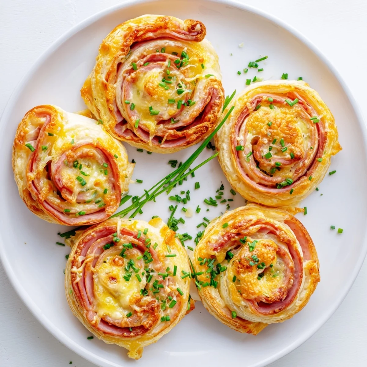 Golden-brown Ham and Cheese Pinwheels fresh from the oven, with flaky pastry layers revealing melted cheese and savory ham filling.