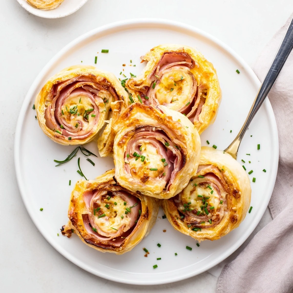 Ham and Cheese Pinwheels arranged on a white plate with fresh chives and a small bowl of dipping sauce for a party.