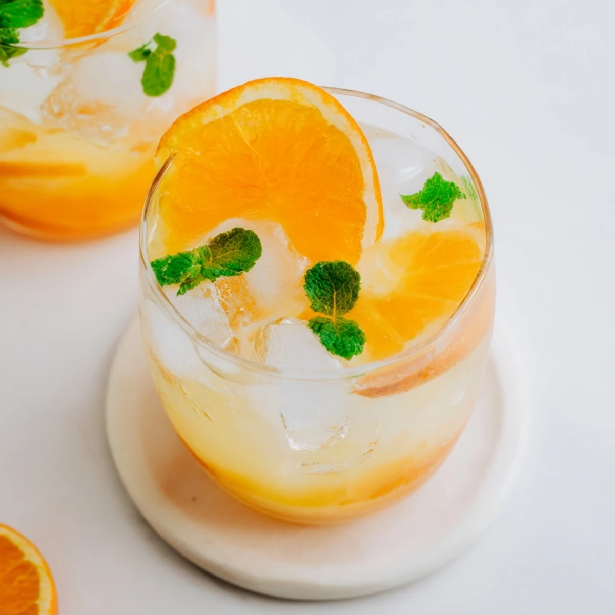 A glass of Refreshing Coconut Orange Glow over ice, with a bright orange slice and mint garnish.