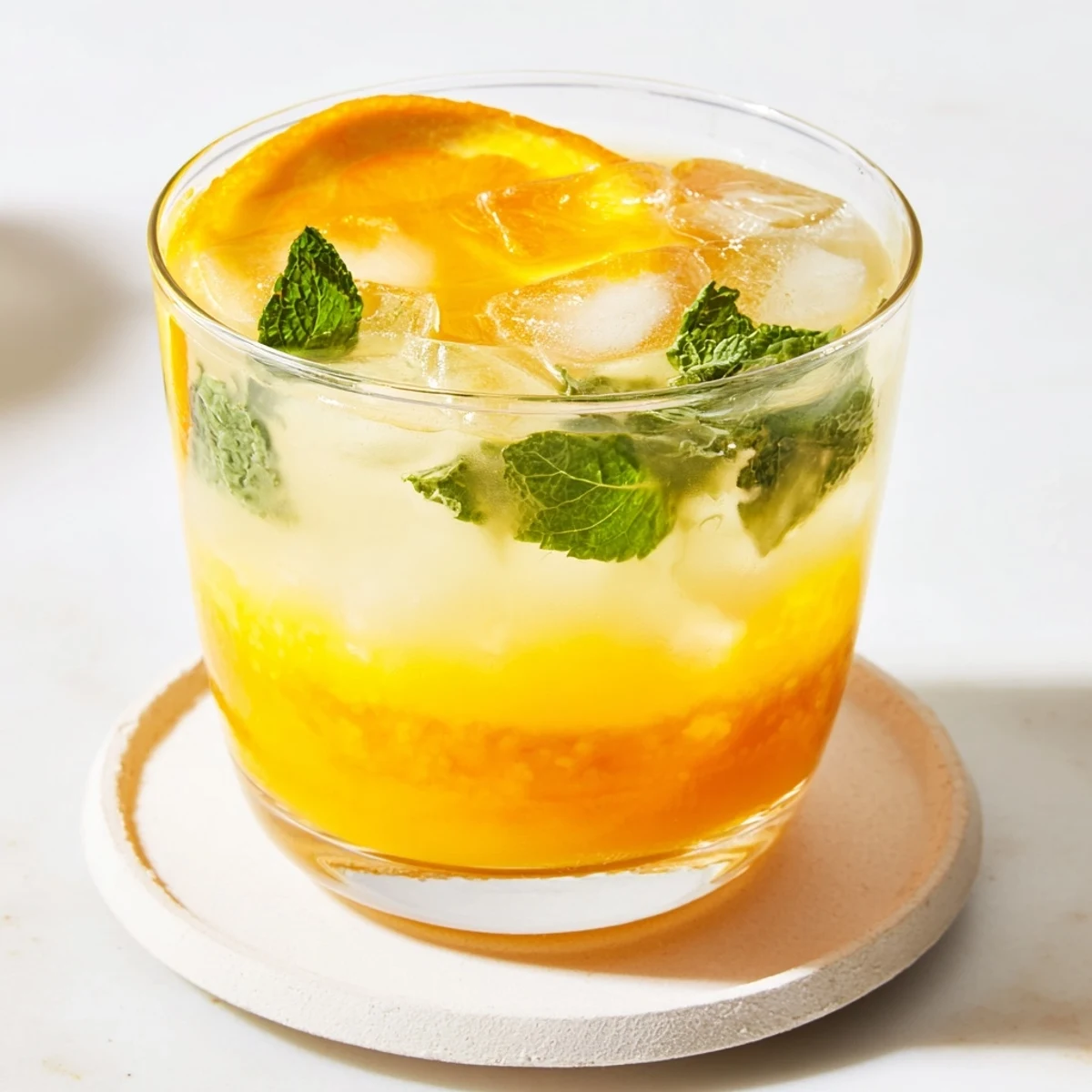 The vibrant orange hue of Refreshing Coconut Orange Glow shines beside fresh mint and a lime wedge.